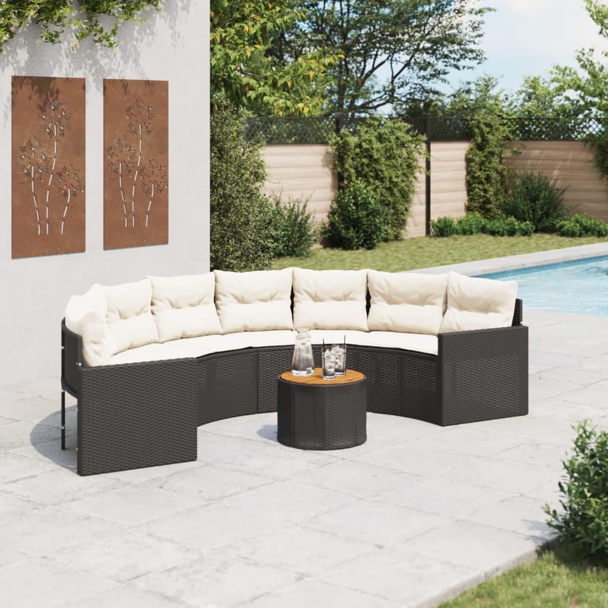 VIDAXL Canape de jardin table coussins demi-rond noir resine tressee