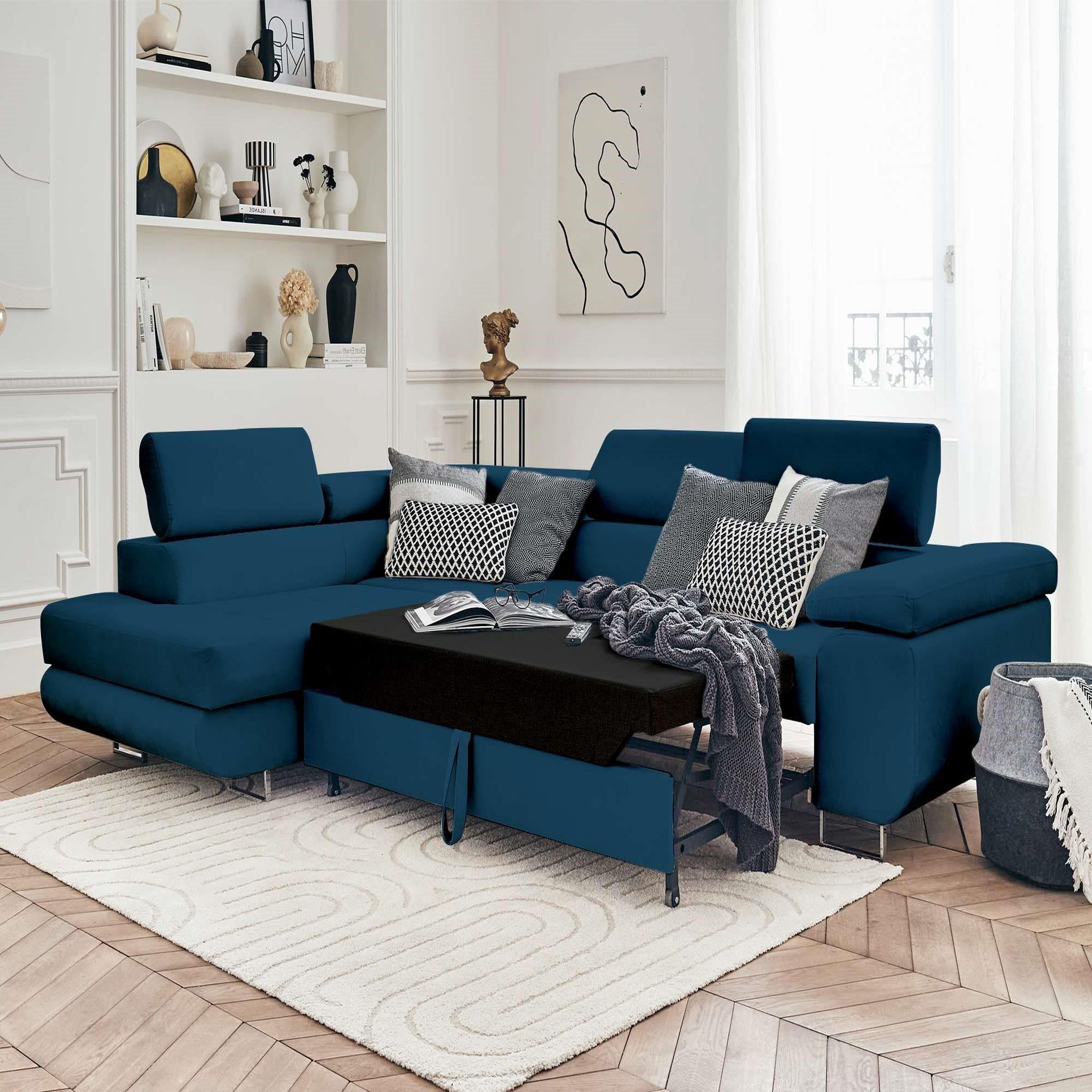 Voir la diapositive 2 : BEST MOBILIER Pablo - canapé d'angle gauche - 5 places - convertible avec coffre et têtières réglables - en velours