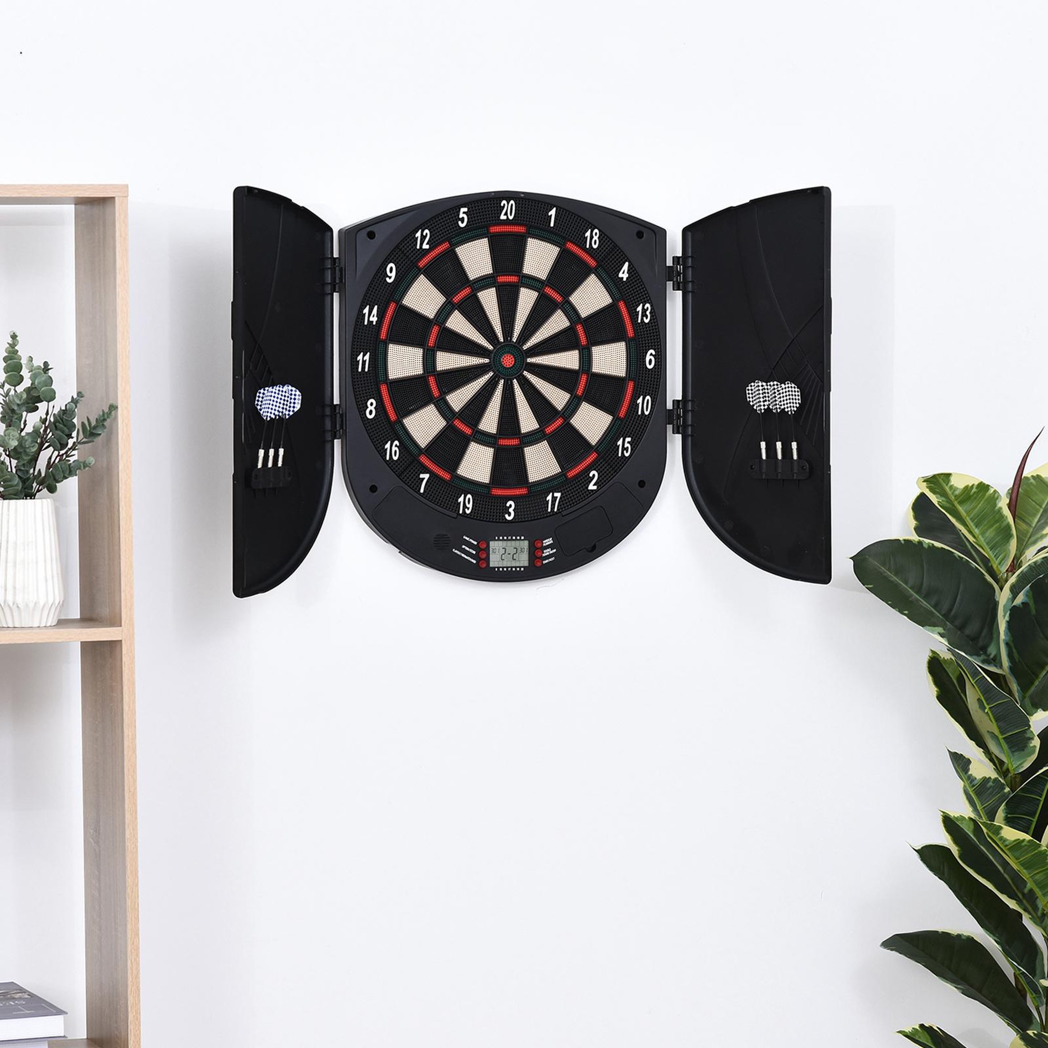 Voir la diapositive 2 : HOMCOM Cible jeu de fléchettes électronique refermable 26 jeux jusqu'à 8 joueurs affichage LCD haut-parleur noir