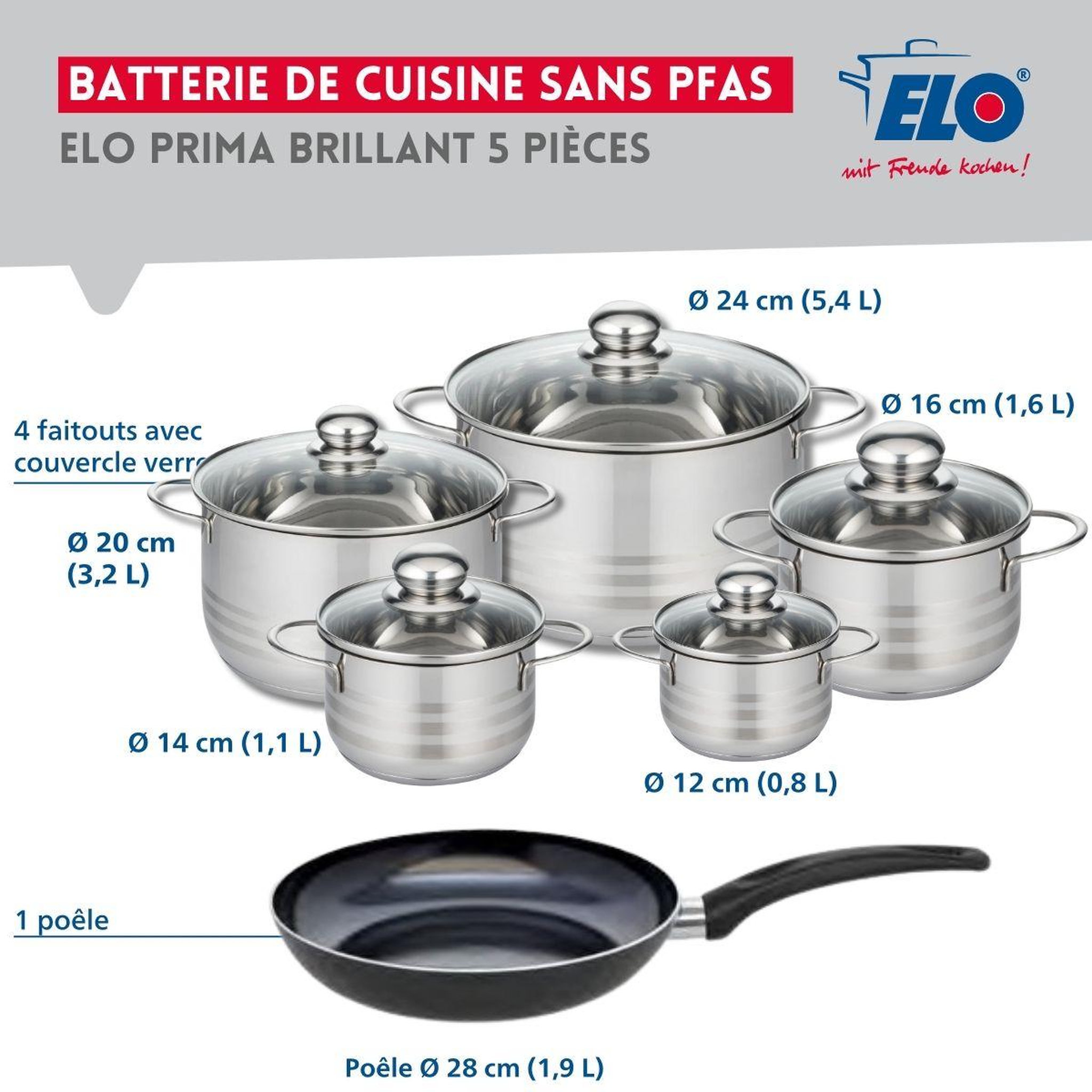 Voir la diapositive 2 : ELO Ensemble de 1 poêle de cuisson 28 cm et 5 faitouts 12, 14, 16, 20 et 24 cm elo prima brillant