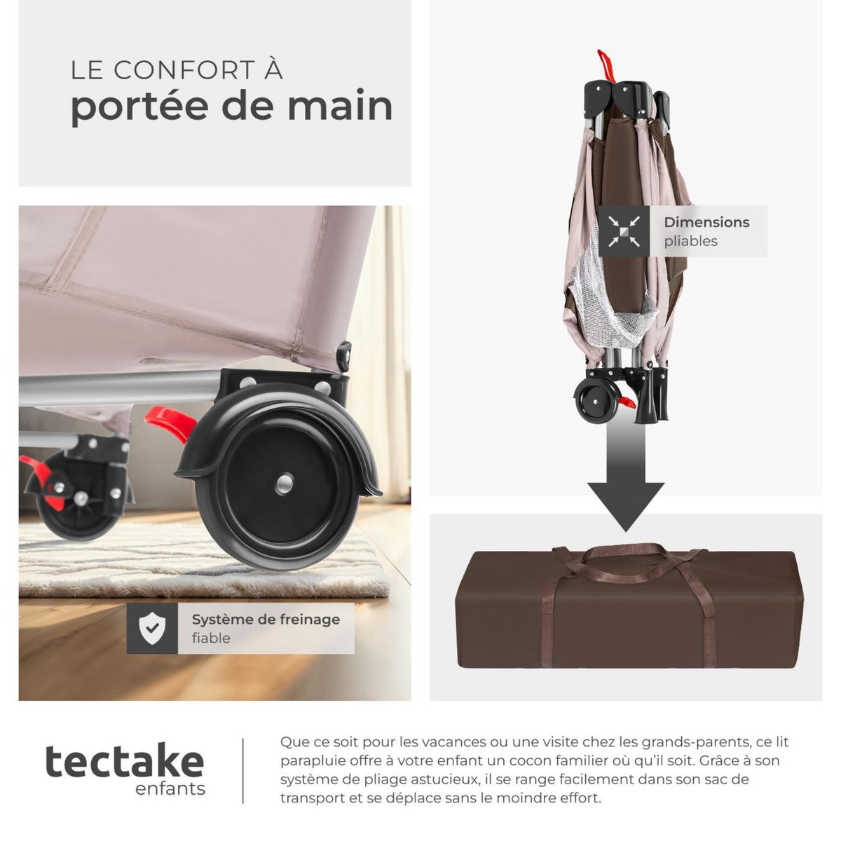 tectake Lit de voyage pour enfants peu encombrant pliable marron café