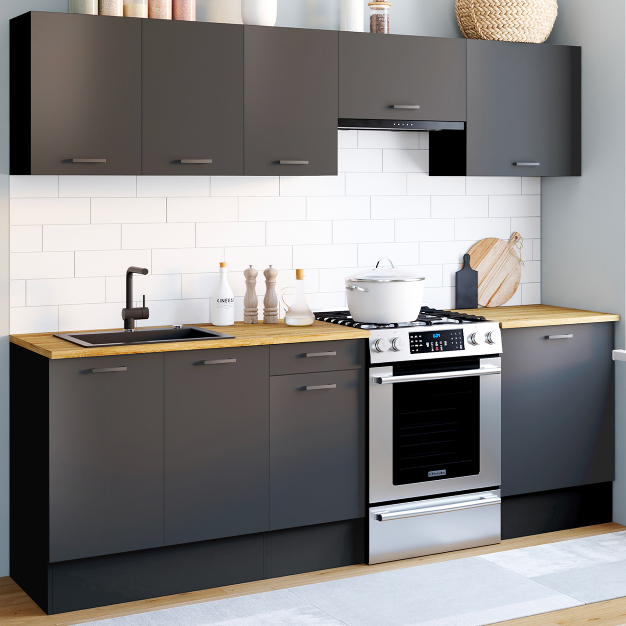 Voir la diapositive 2 : ID MARKET Cuisine complète 240 cm subtil avec plan de travail 7 éléments noir et plateaux bois