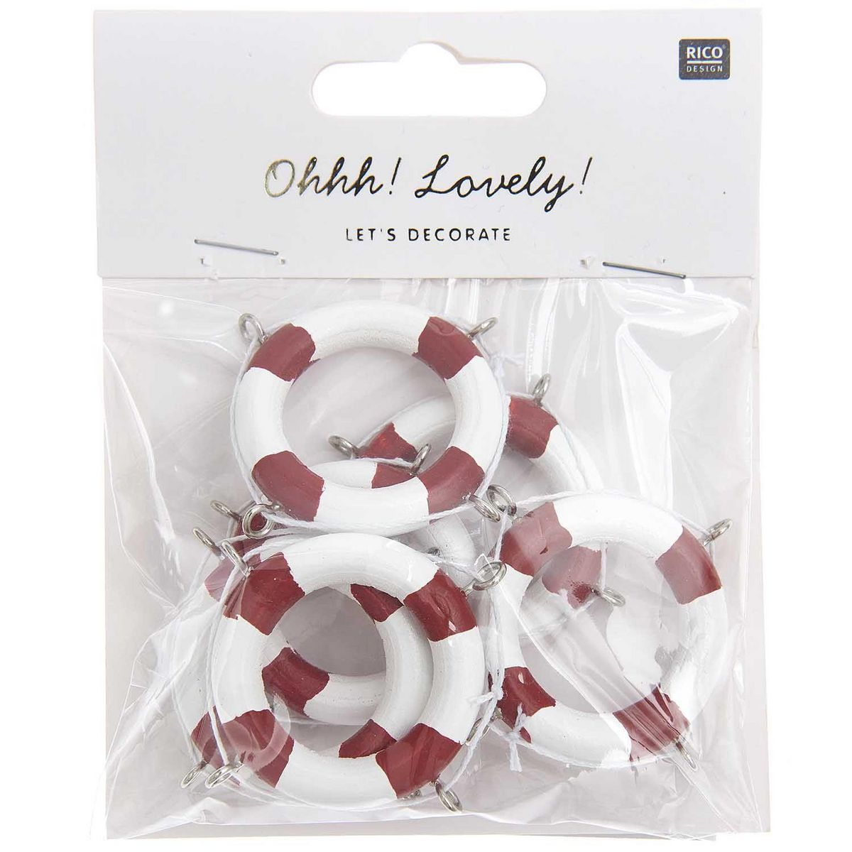 RICO DESIGN 6 Décorations Bouées de sauvetage en bois - blanc et rouge