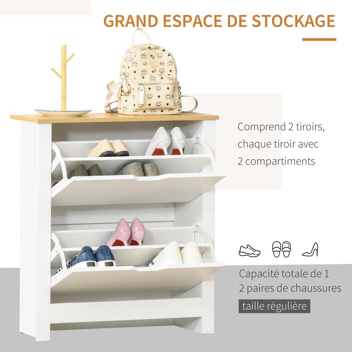 HOMCOM Armoire à chaussures 2 portes abattantes 2 compartiments panneaux particules blanc chêne