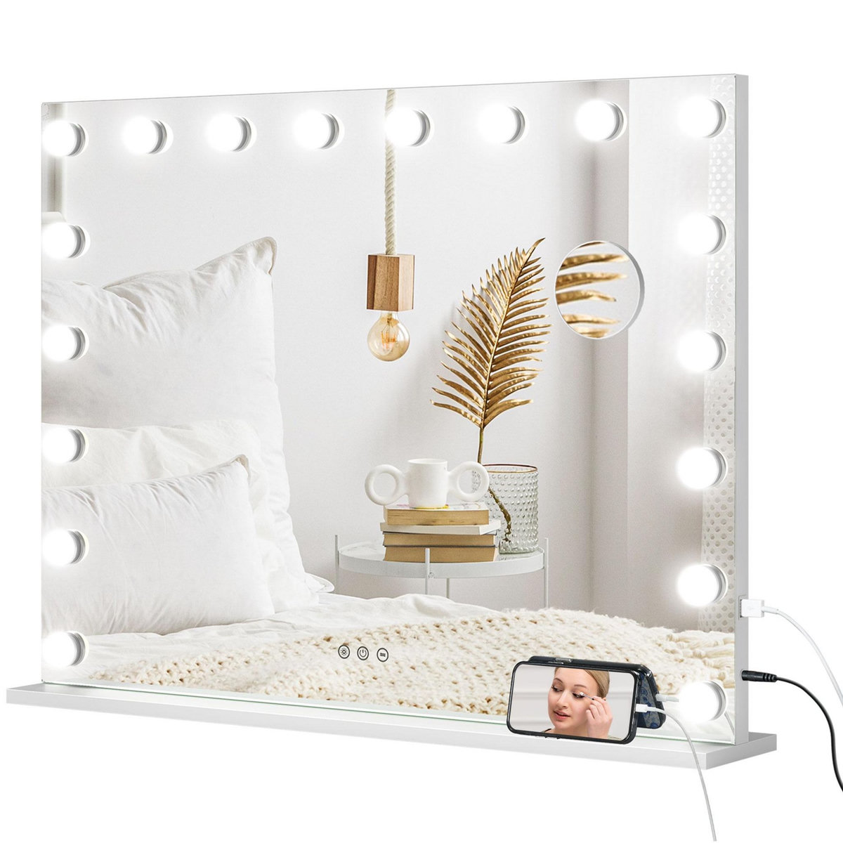 HOMCOM Miroir maquillage Hollywood lumineux LED intensité réglable grossissant charge USB support blanc
