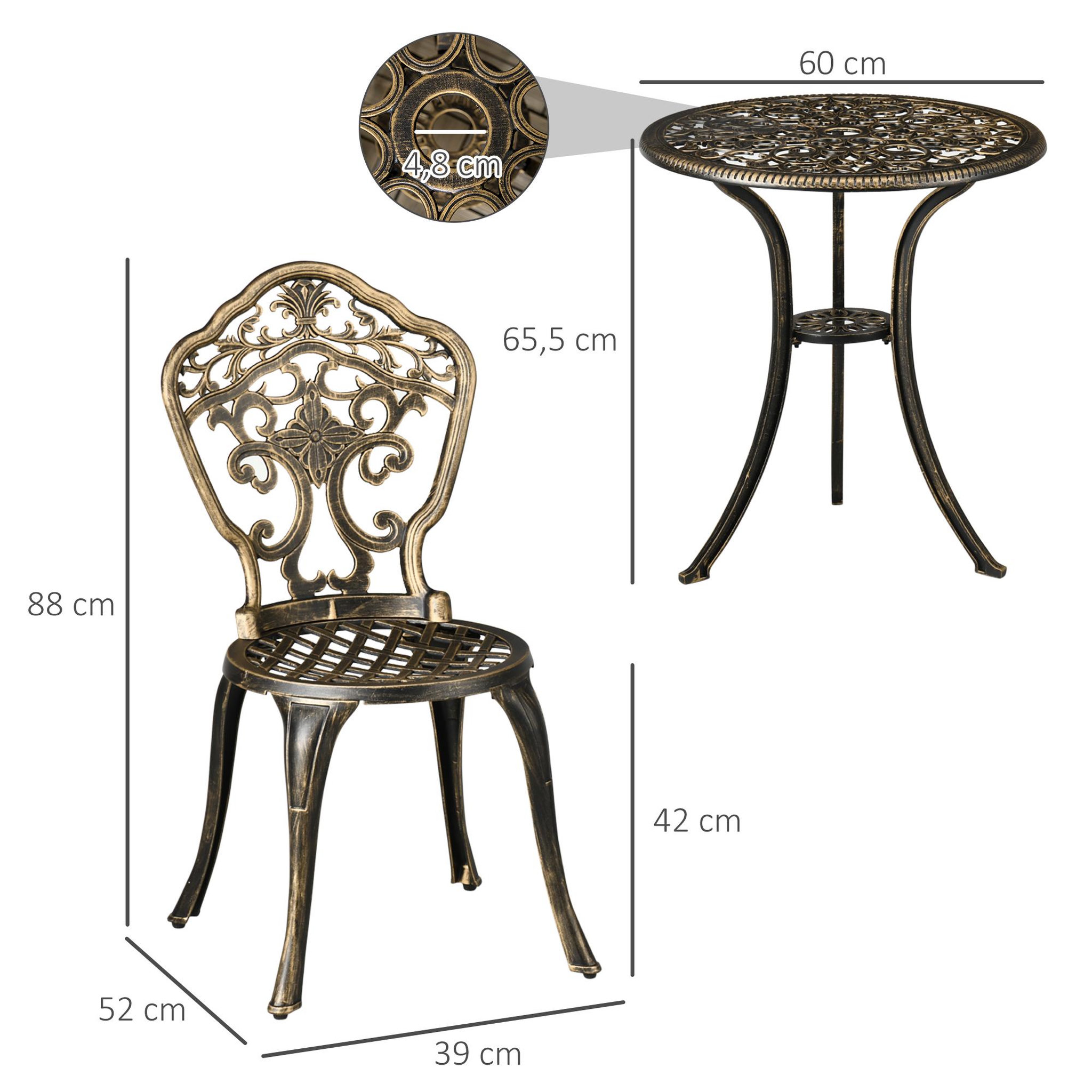 Voir la diapositive 3 : OUTSUNNY Ensemble bistrot de jardin 2 personnes 3 pièces aluminium aspect fer forgé bronze vieilli