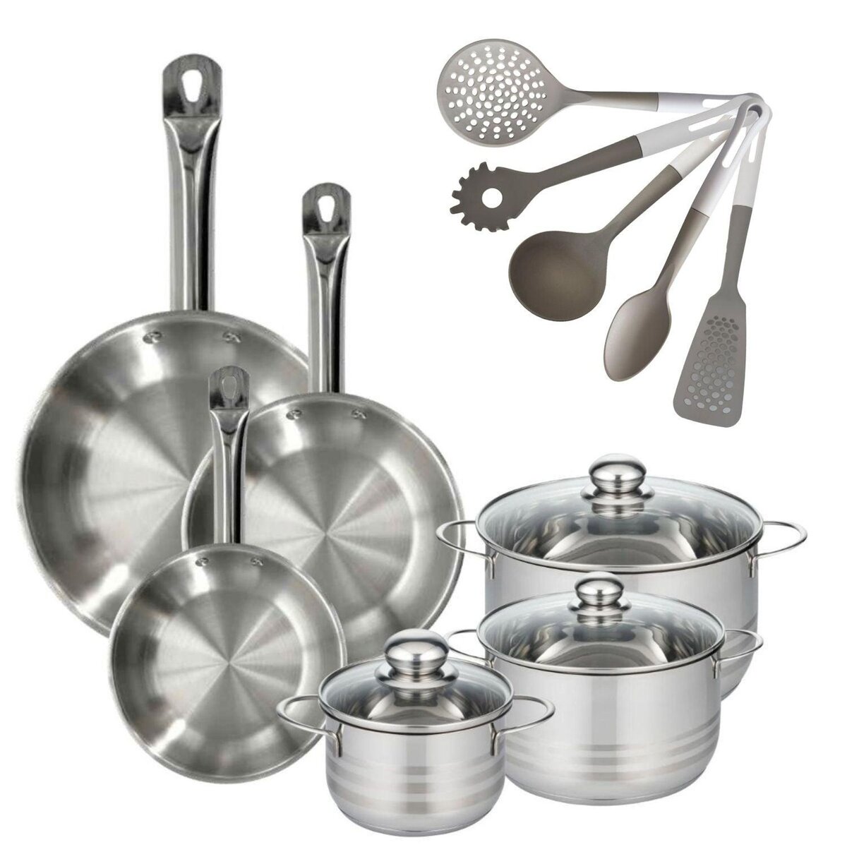 Fackelmann Lot 3 Poêles 20/24/28 cm Fackelmann Eterna avec 3 Faitouts 16/20/24 cm et 5 ustensiles