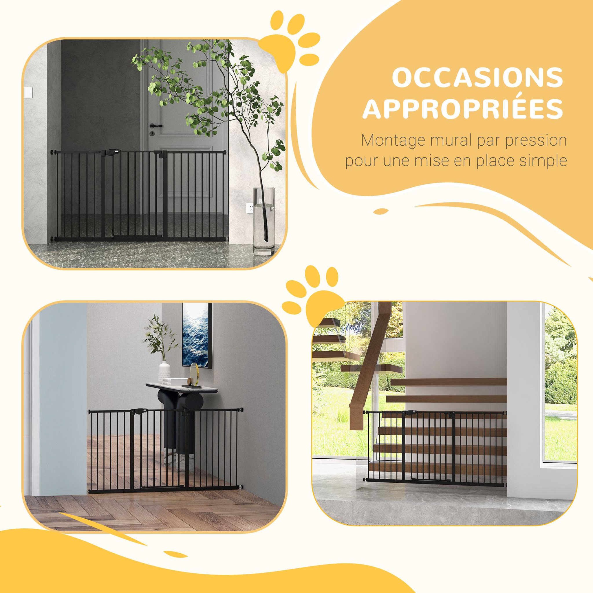 Voir la diapositive 6 : PAWHUT Barrière de sécurité longueur réglable porte double verrouillage sans perçage acier plastique noir