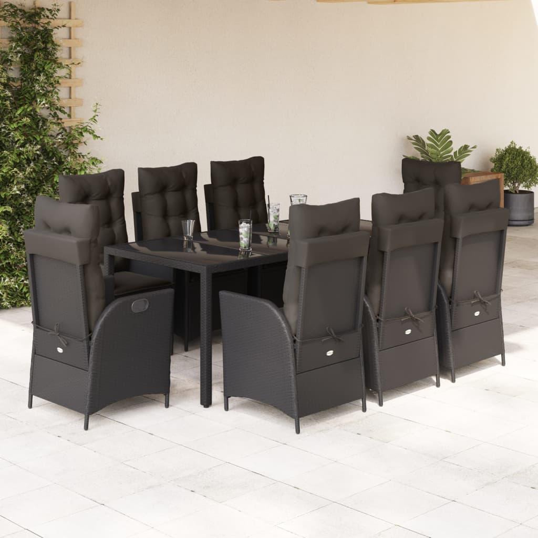 VIDAXL Ensemble a manger de jardin 9pcs coussins noir resine tressee
