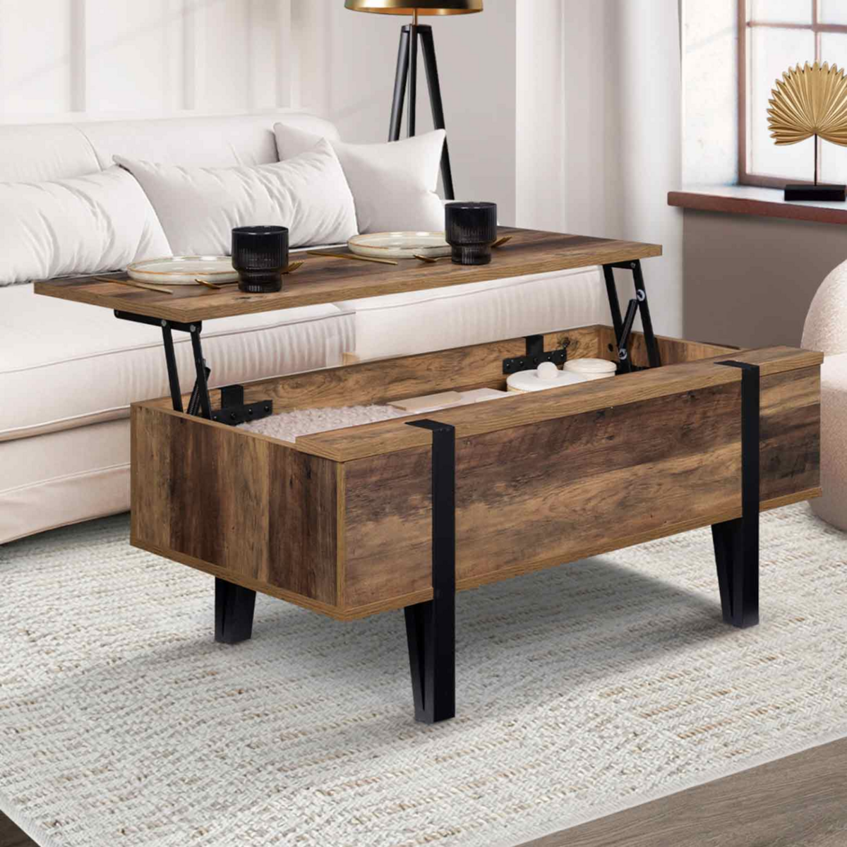 ID MARKET Table basse plateau relevable rectangulaire AUSTRIA bois pied épingle