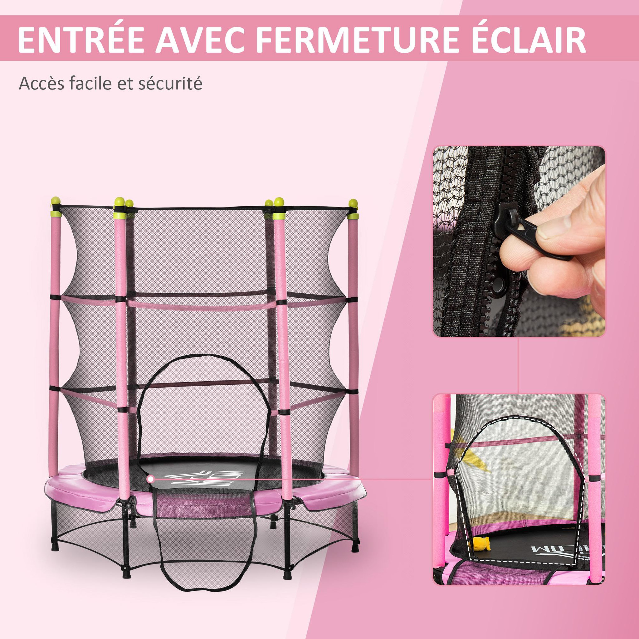 Voir la diapositive 5 : HOMCOM Trampoline enfant Ø 1,40 × 1,60H m filet de sécurité porte zipée couvre-ressorts 6 poteaux rembourrés inclus rose
