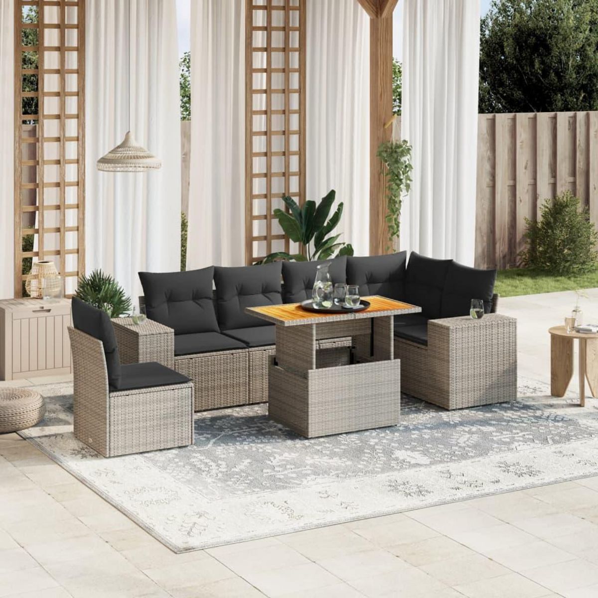 VIDAXL Salon de jardin avec coussins 7 pcs gris resine tressee