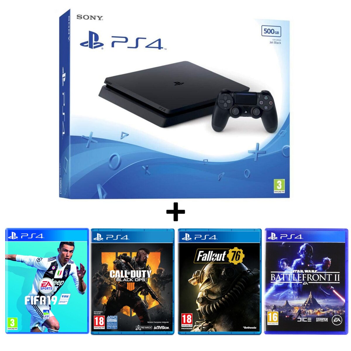 Console PS4 Slim 500 Go + FIFA 19 + Call Of Duty Black Ops 4 + Fallout 76 + Battlefront 2