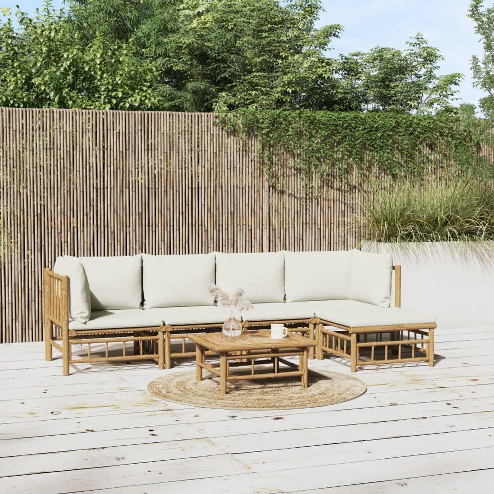 Voir la diapositive 1 : VIDAXL Salon de jardin 6 pcs avec coussins blanc creme bambou