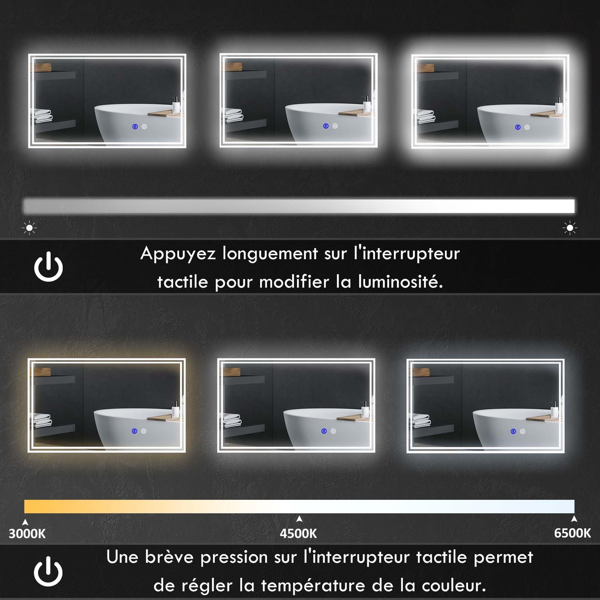 Voir la diapositive 5 : KLEANKIN Miroir led mural de salle de bain - 100l x 60h cm - luminosité réglable 3 couleurs - interrupteur tactile - système antibué