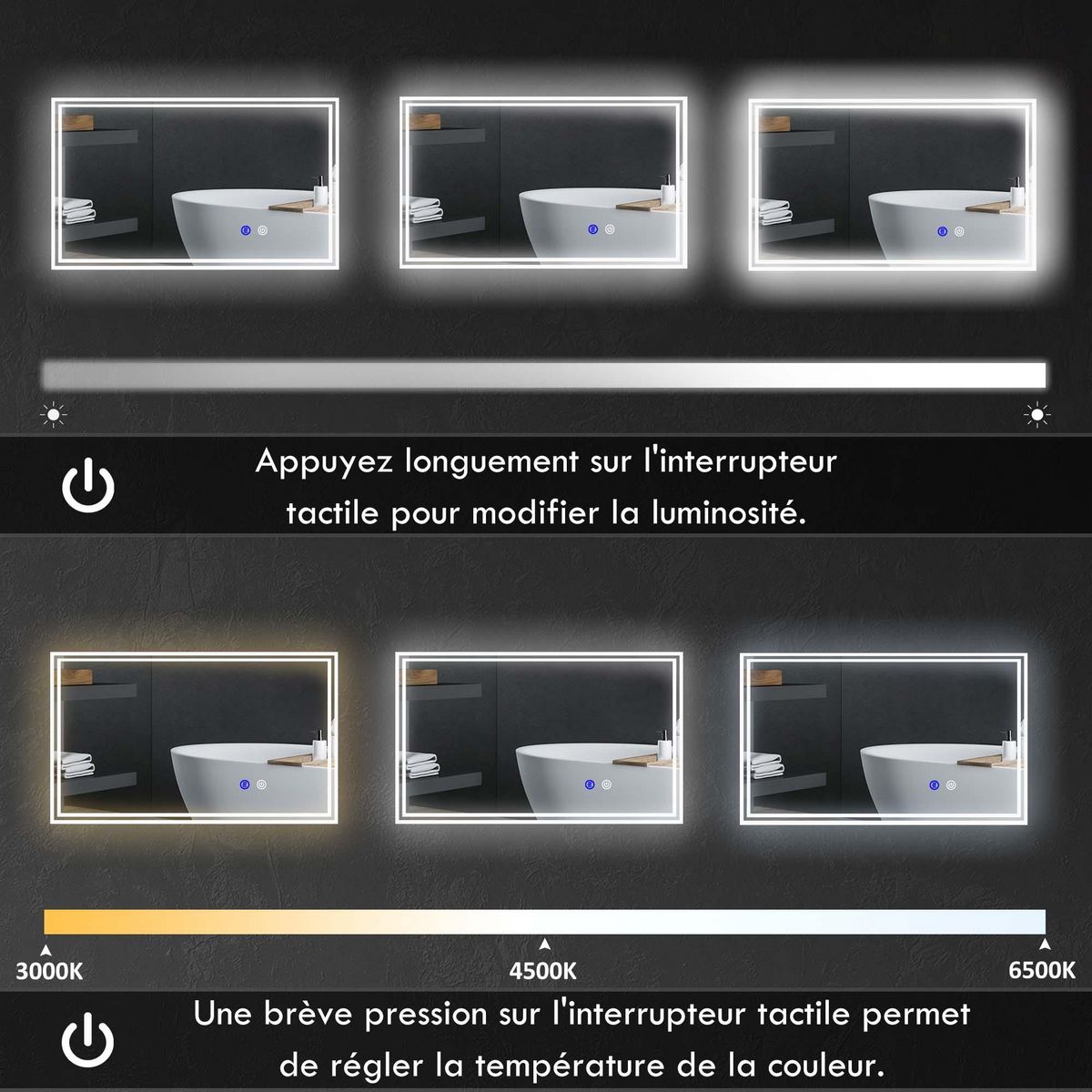 KLEANKIN Miroir LED mural de salle de bain - 100L x 60H cm - luminosité réglable 3 couleurs - interrupteur tactile - système antibué