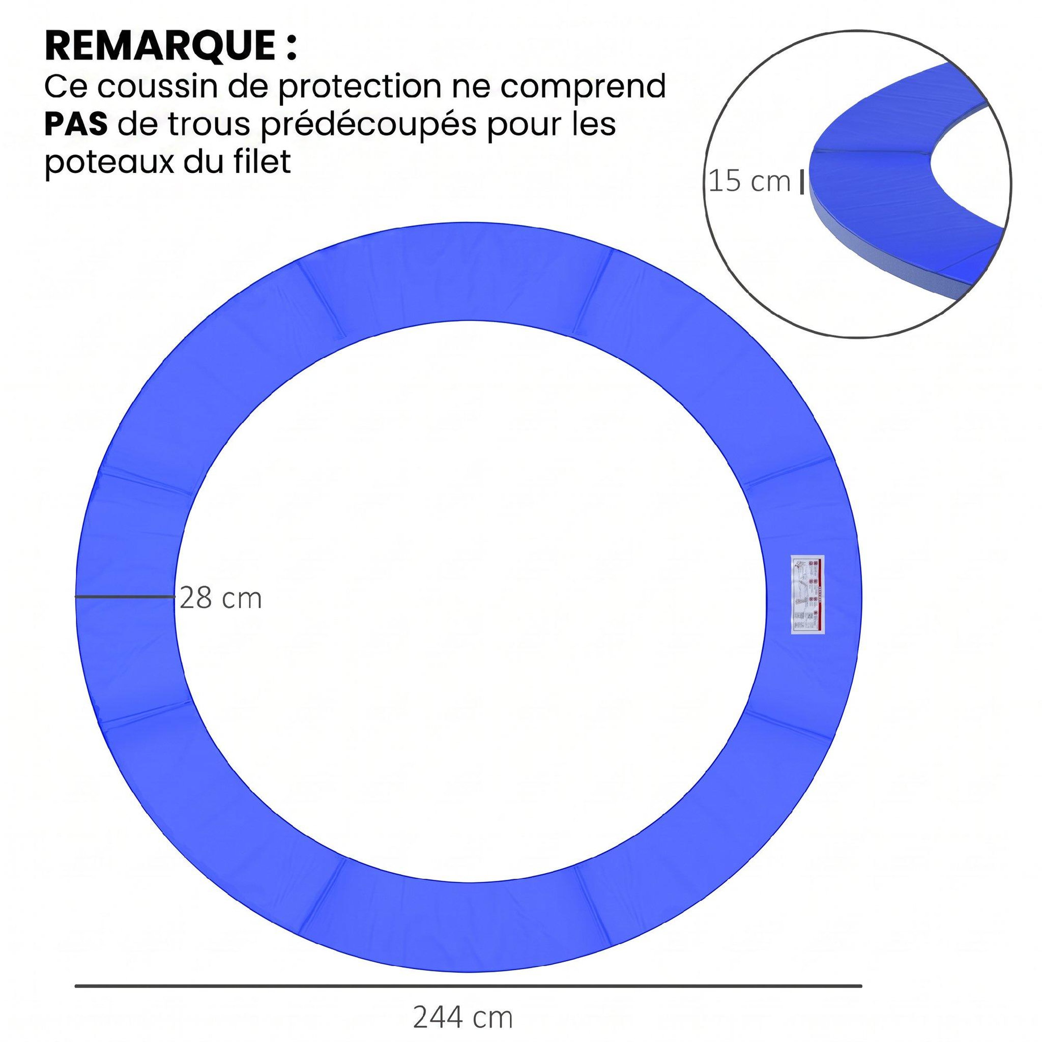 Voir la diapositive 3 : HOMCOM Couvre-ressort trampoline ø 244 cm - coussin de protection des ressorts - rembourrage 1,5 cm - pvc bleu