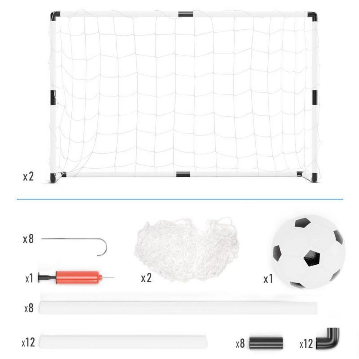 PLAY4FUN 2 cages de foot pour enfant 120 x 80cm, 1 ballon et pompe inclus, intérieur/extérieur
