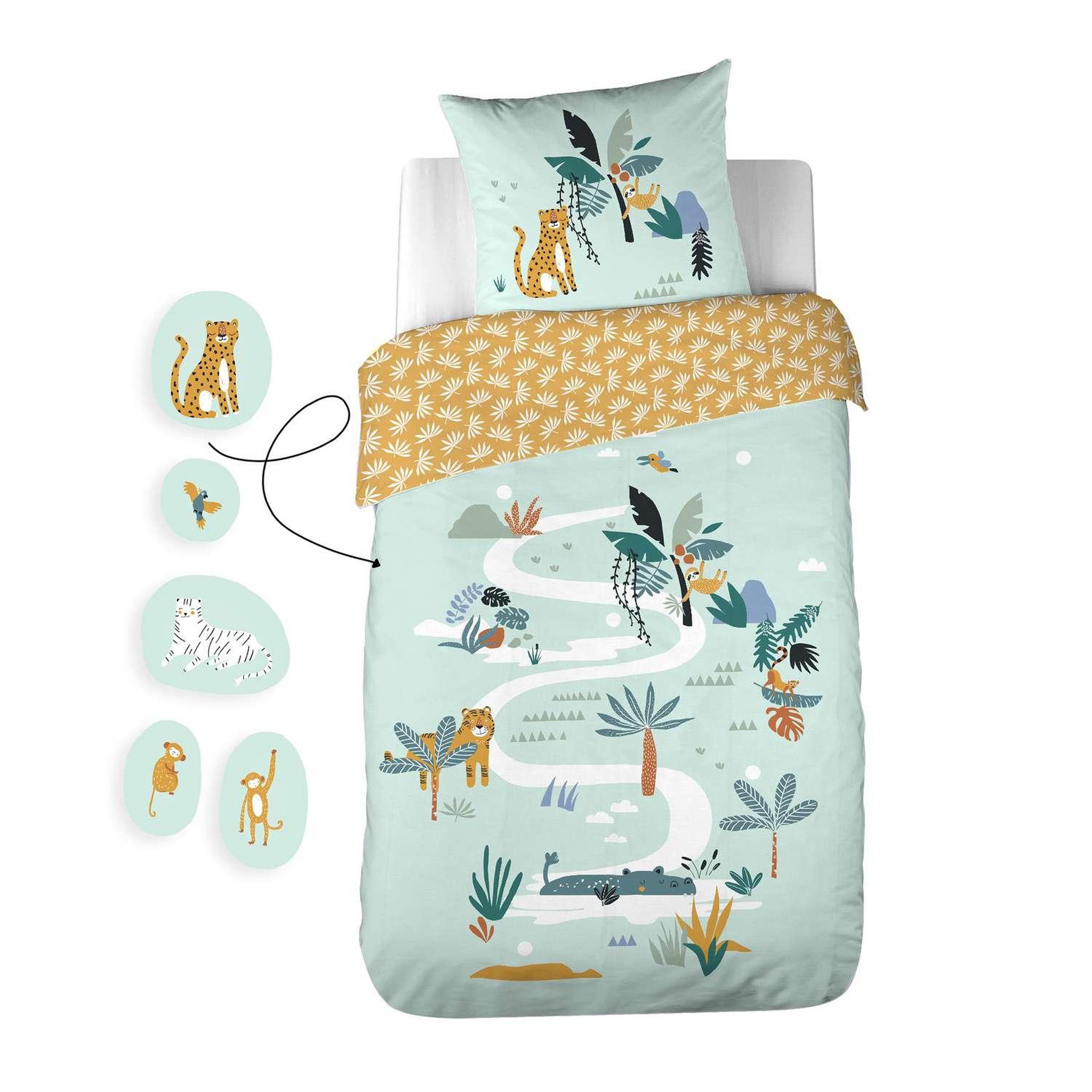 COTE DECO Parure de lit enfant Jungle avec animaux à scratcher - 100% coton 57 fils/cm² - 140 x 200 cm