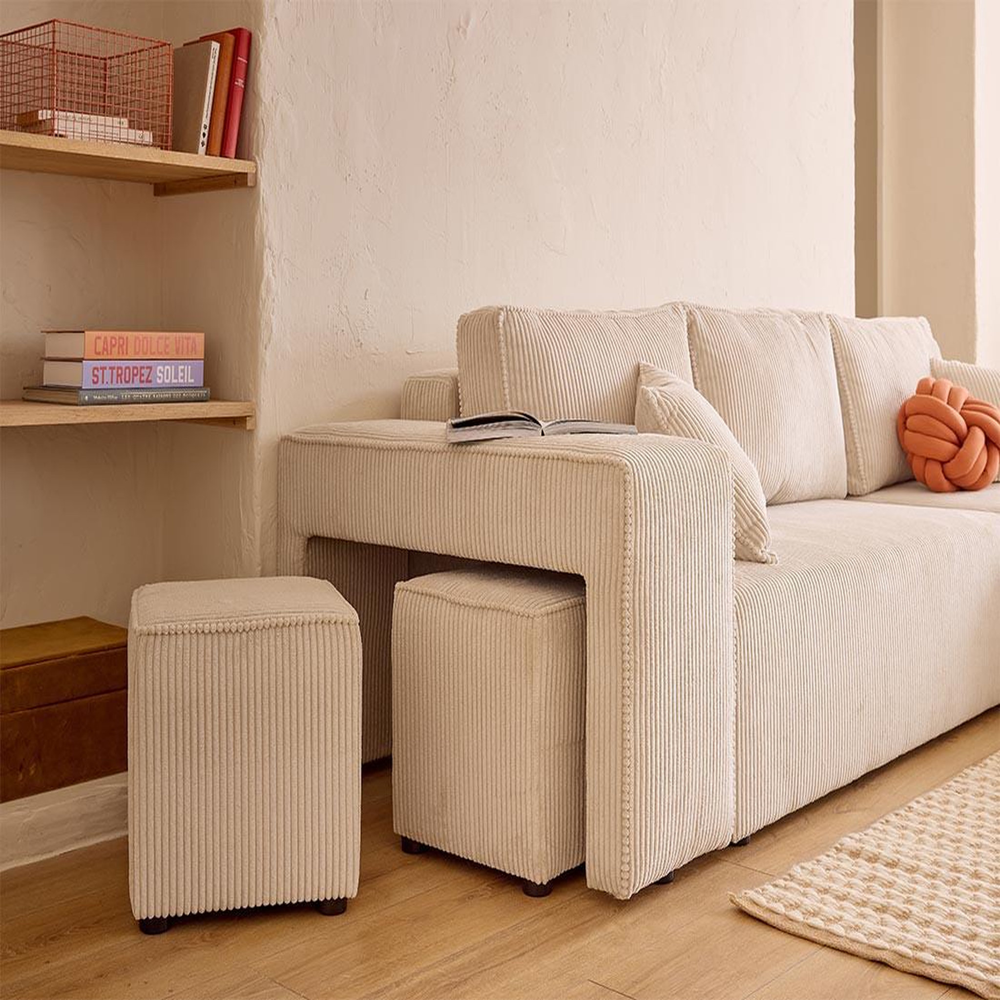 Voir la diapositive 5 : BEST MOBILIER Topaze - canapé d'angle réversible 4 places - convertible avec coffre, tablette et poufs - en velours côtelé
