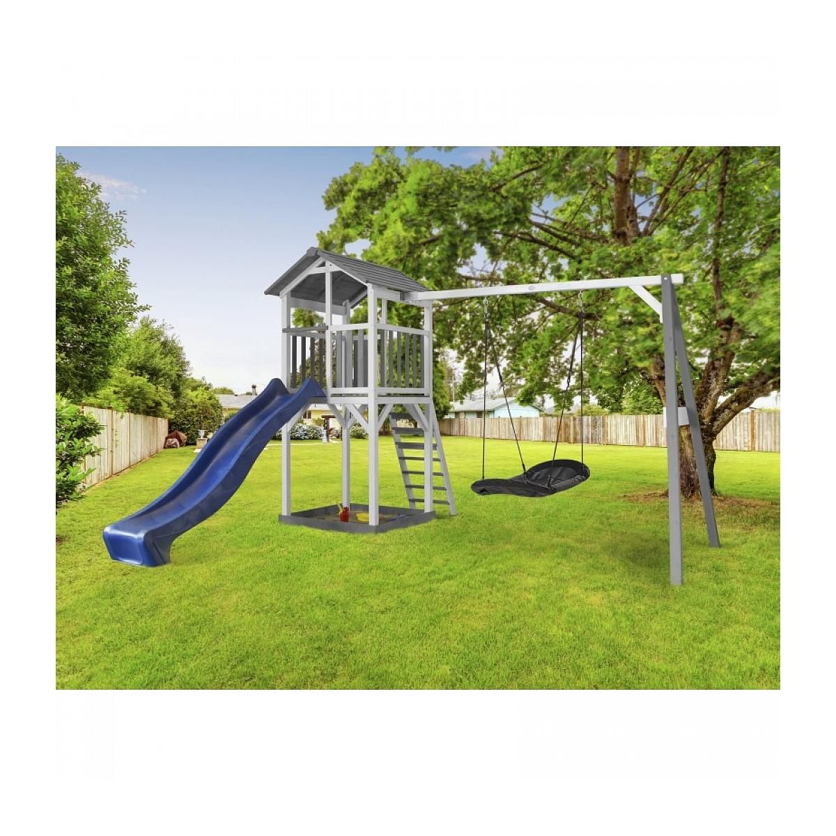 Axi House AXI Structure de jeu Beach Tower avec balancoire nid ovale Roxy Gris Blanc avec toboggan Bleu