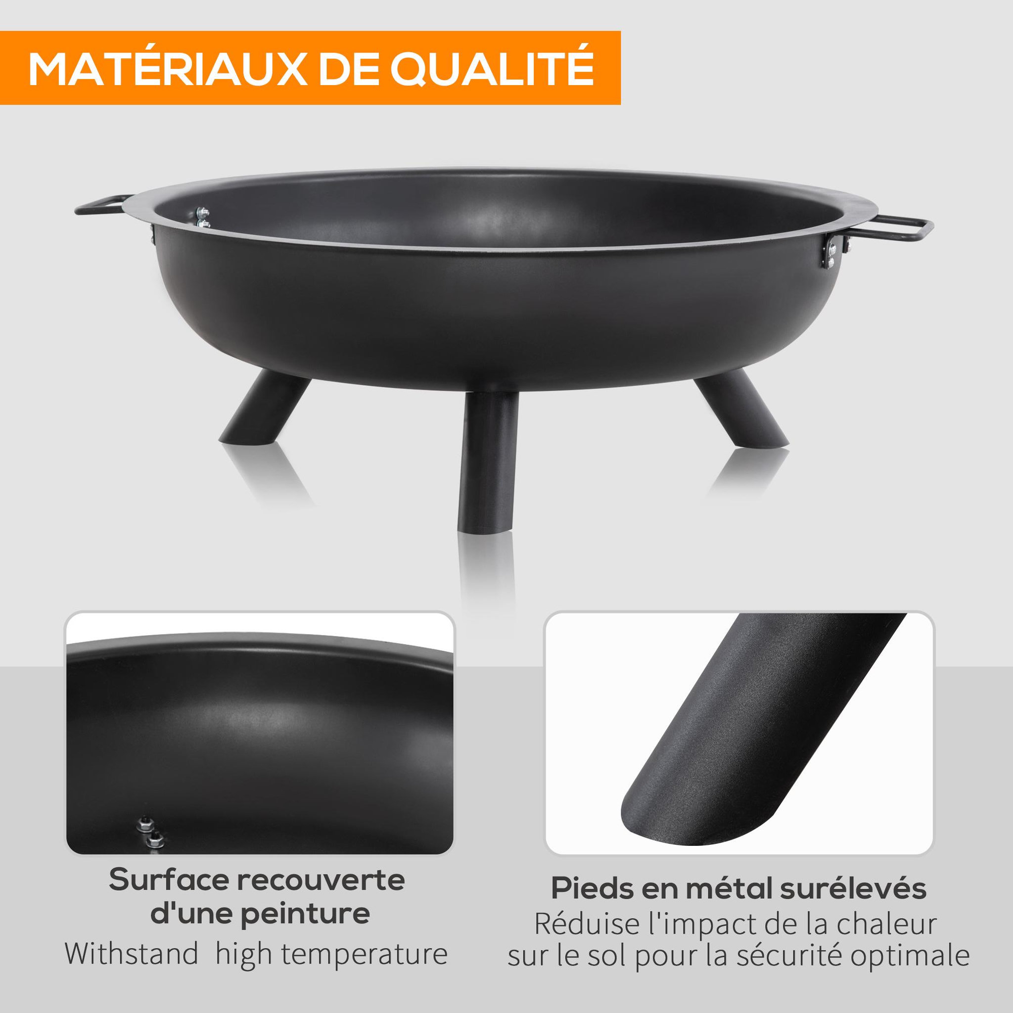 Voir la diapositive 2 : OUTSUNNY Brasero boule de feu cheminée foyer extérieur dim. 79L x 69l x 25,5H cm 2 poignées tisonnier acier noir