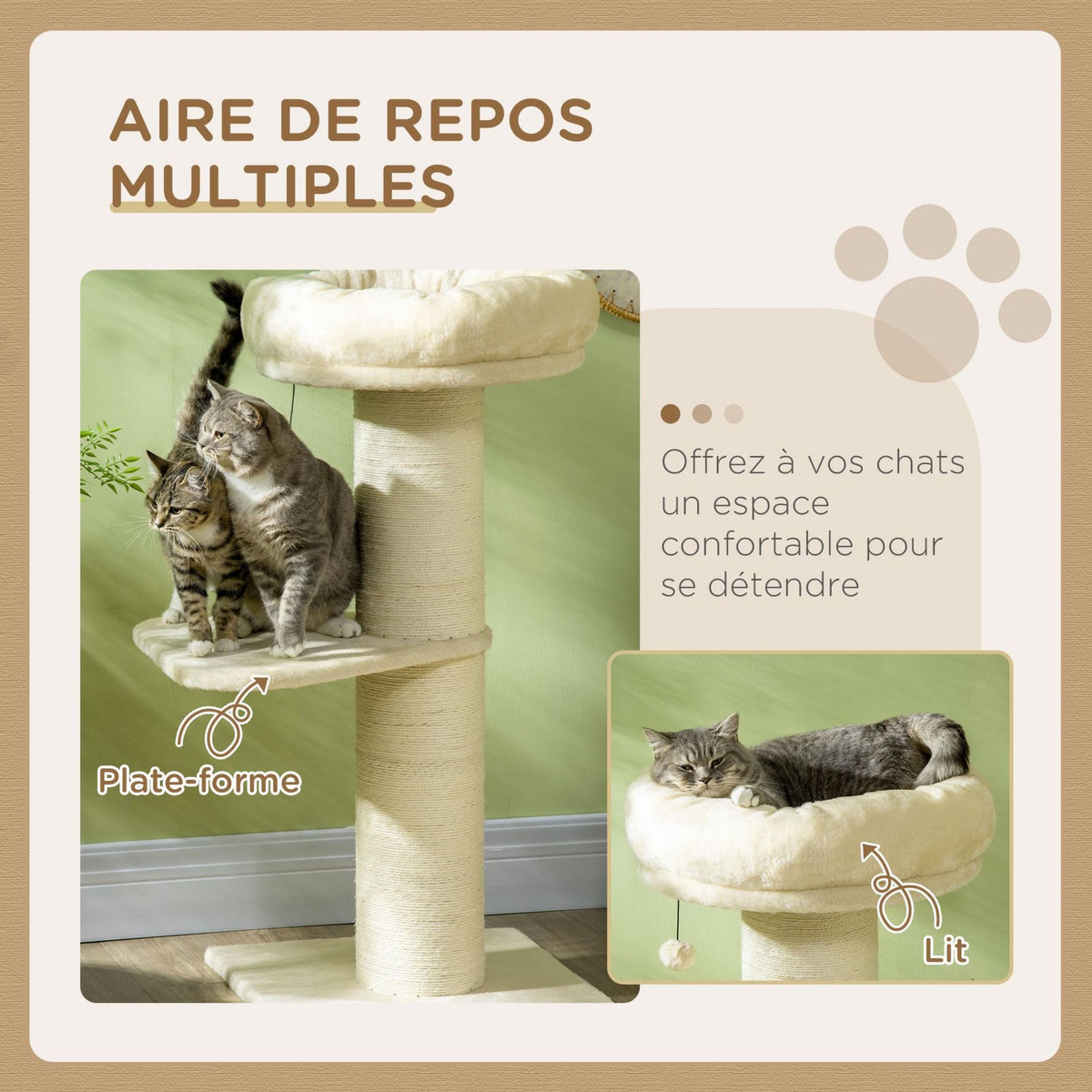 PAWHUT Arbre à chat griffoir sisal naturel 2 plateforme panier observation jeu boule suspendue peluche beige