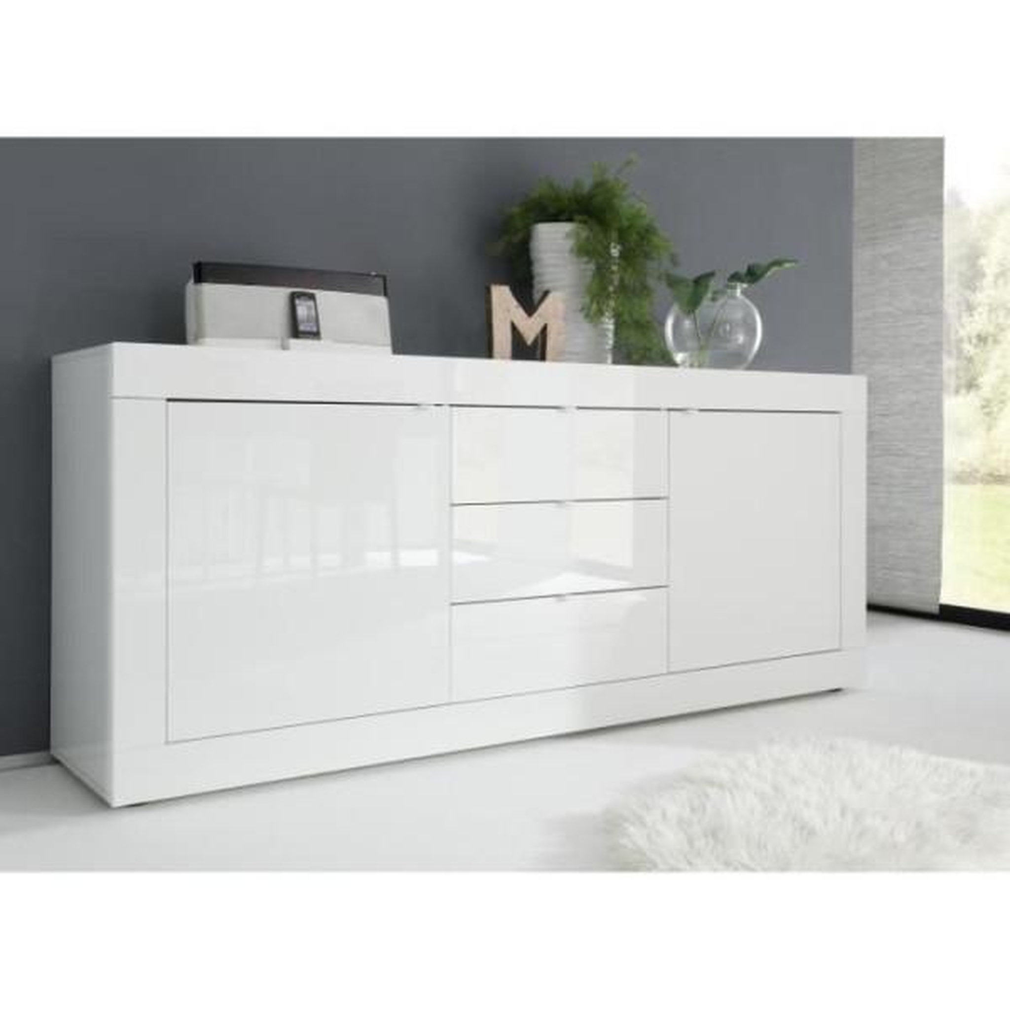 Voir la diapositive 2 : MARKET24 Ensemble séjour - meuble tv 180 cm + buffet 210 cm 2 portes 3 tiroirs - basico - blanc laqué