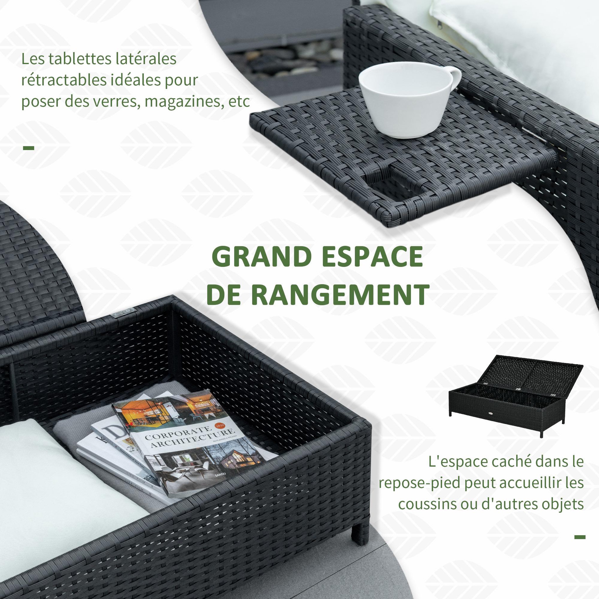 Voir la diapositive 6 : OUTSUNNY Ensemble de jardin 2 places : canapé dossier inclinable tablettes coffre matelas et coussins intégrées + repose-pieds résine tressée 4 fils noire polyester crème