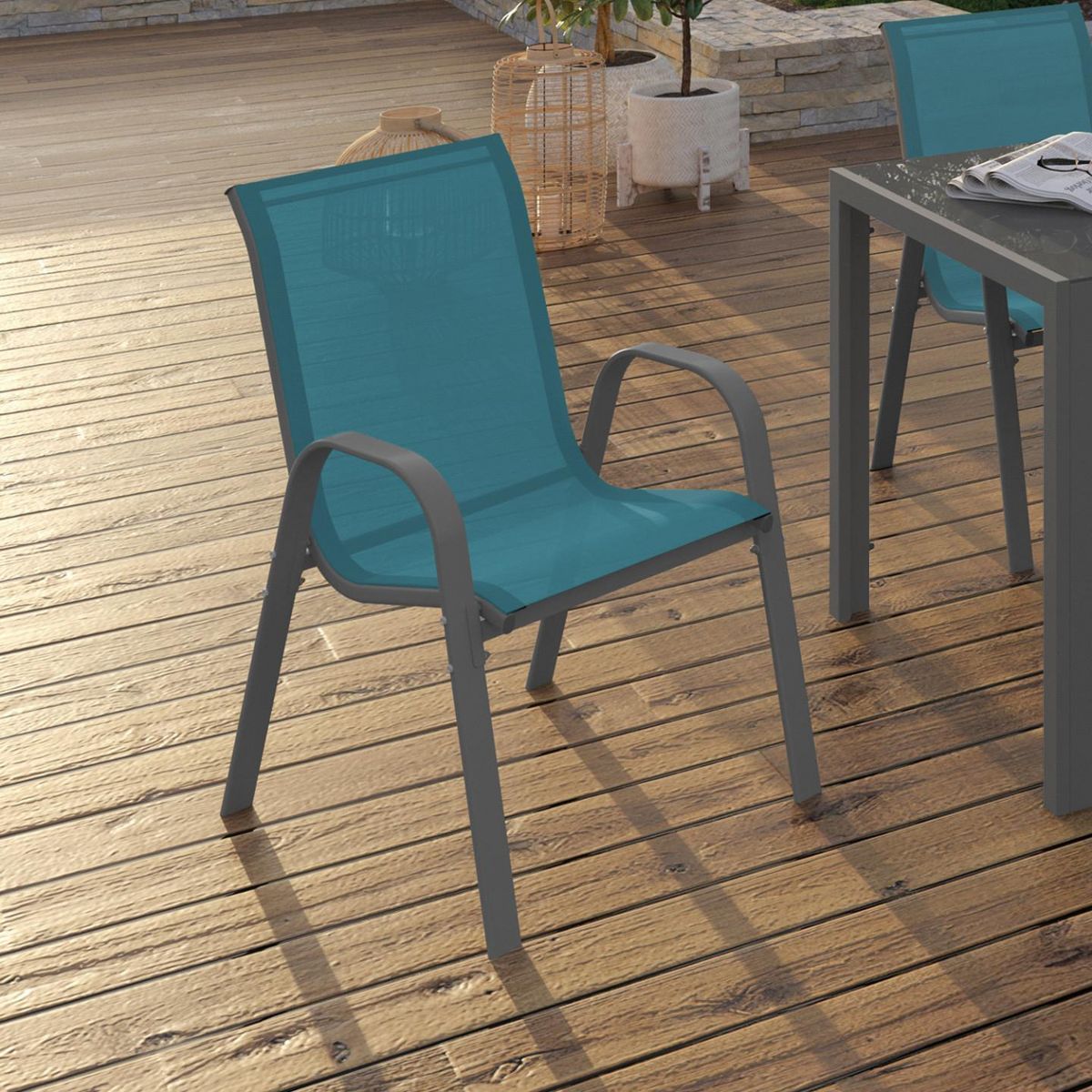 ID MARKET Lot de 6 chaises de jardin LYMA métal et textilène empilables bleu canard
