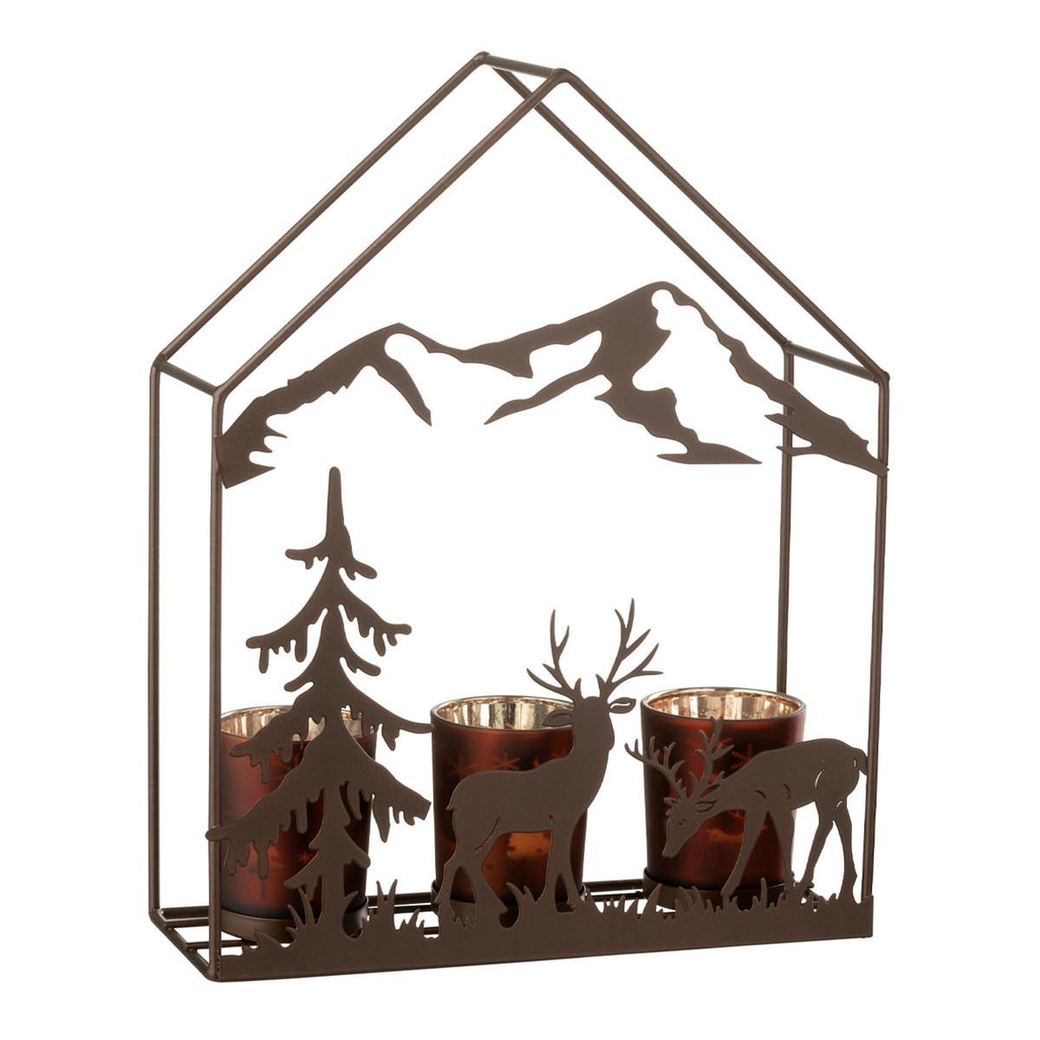J-LINE Photophore Maison en Métal  Chalet  29cm Marron