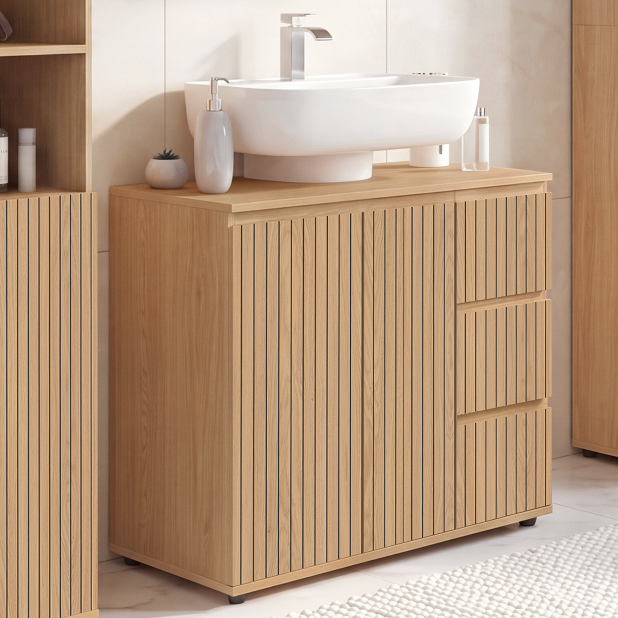 Voir la diapositive 2 : ID MARKET Meuble sous lavabo salle de bain VICTOR avec placard et 3 tiroirs effet lattes