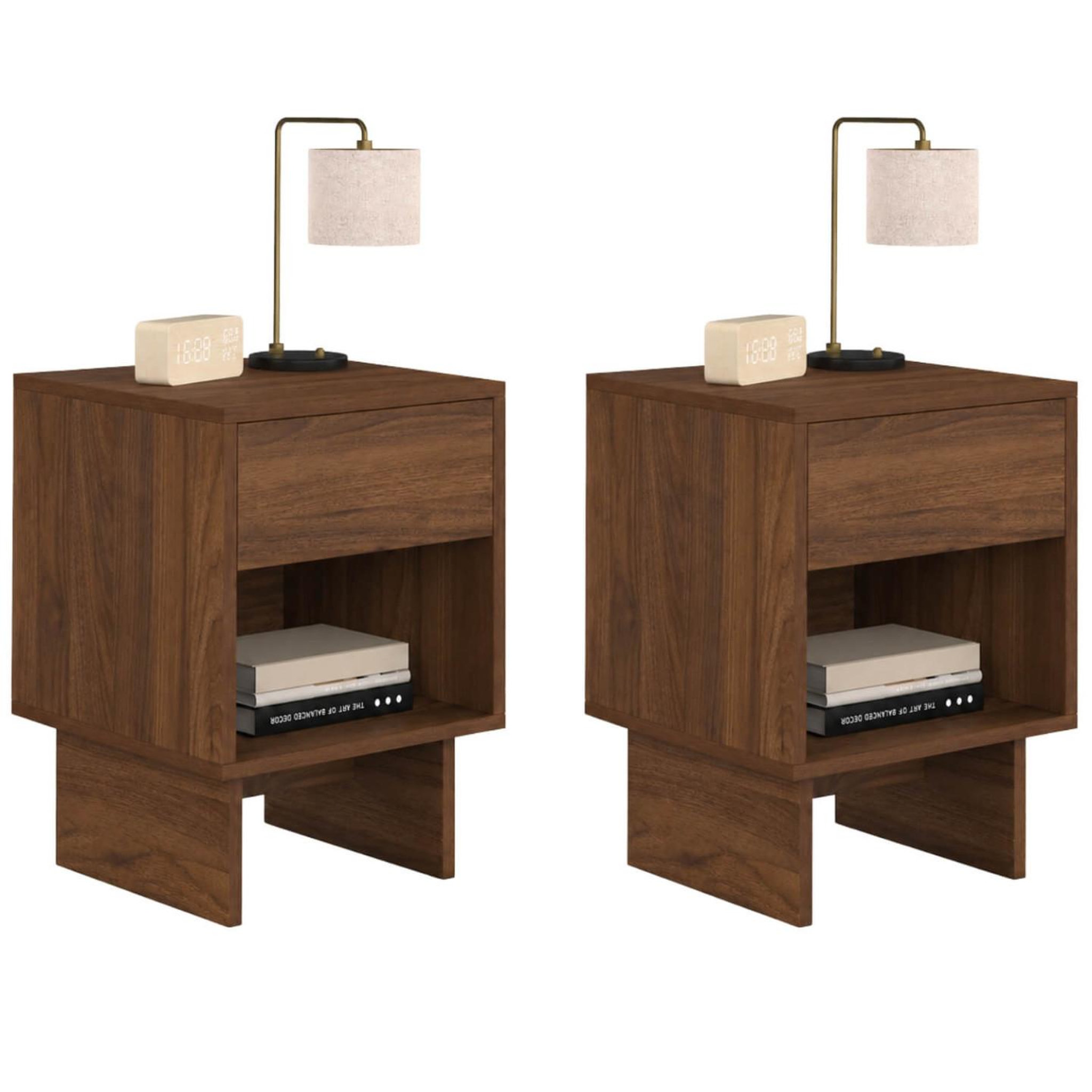 ID MARKET Lot de 2 tables de chevet yuri 1 tiroir avec niche effet noyer