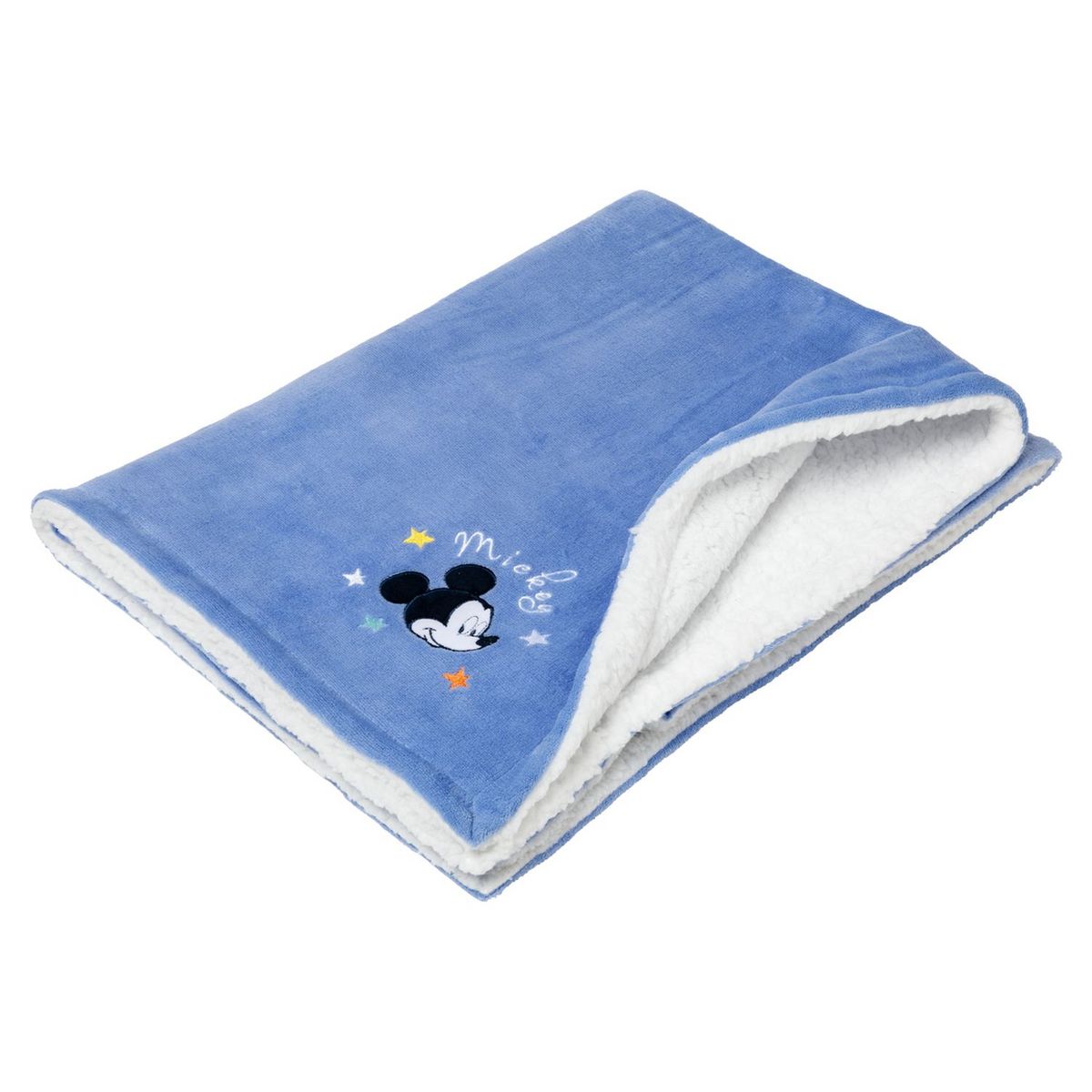 MICKEY Couverture douce bleue bi matière bébé
