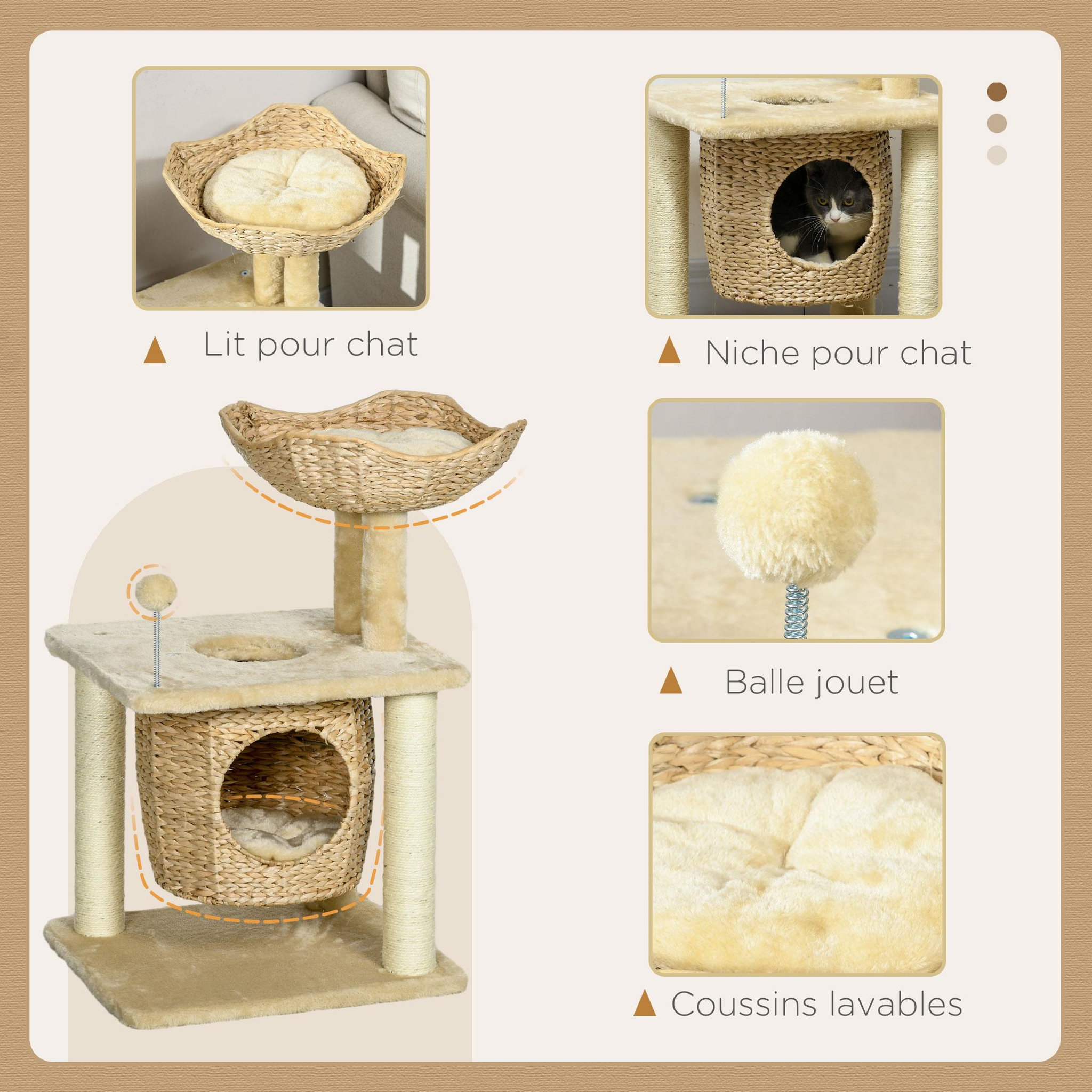 Voir la diapositive 5 : PAWHUT Arbre à chat style cosy chic griffoirs boule ressort niche panier 2 coussins inclus quenouille sisal naturel peluche beige