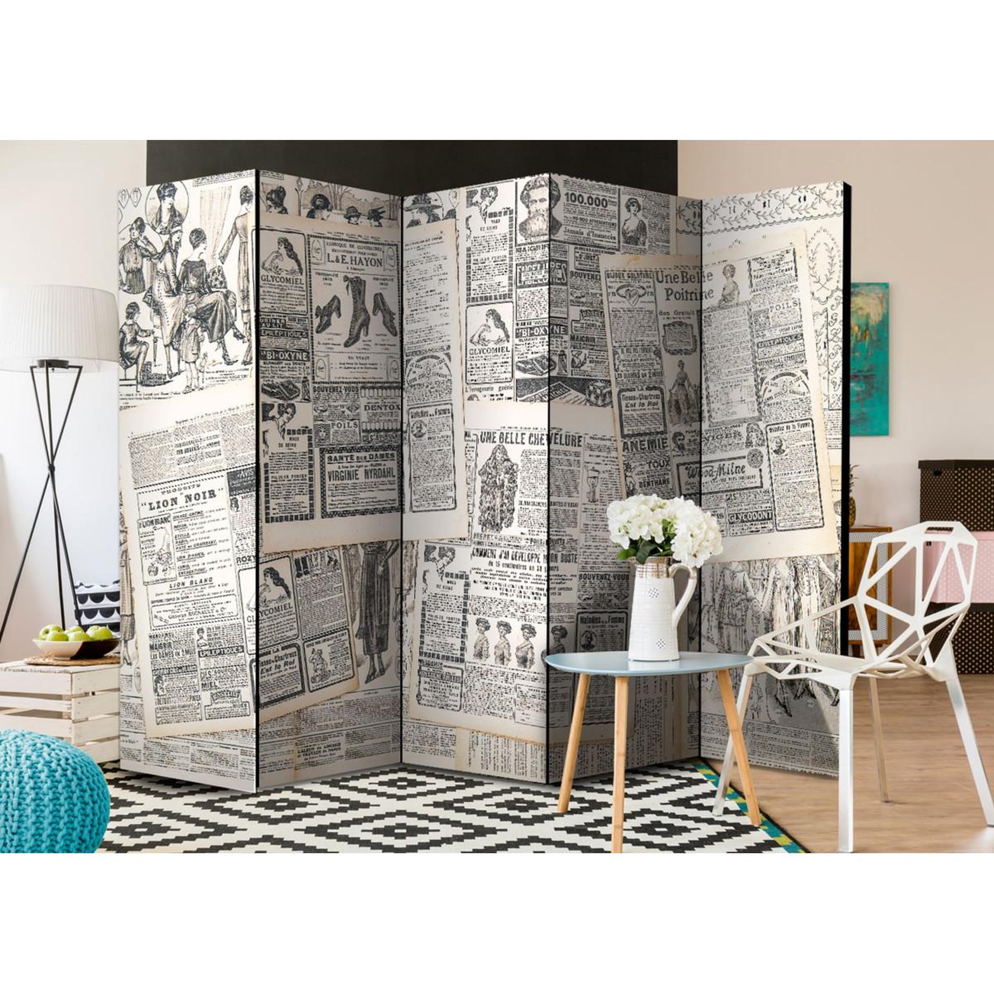 Voir la diapositive 2 : Paris Prix Paravent 5 volets  vintage newspapers  172x225cm