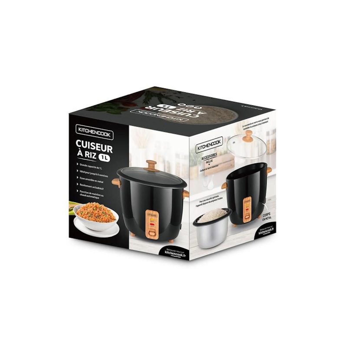 KITCHENCOOK Kitchencook - Japan Wood Black - Noir - Cuiseur à Riz - 1l - 400w - Maintien Au Chaud - Cuve Antiadhésive