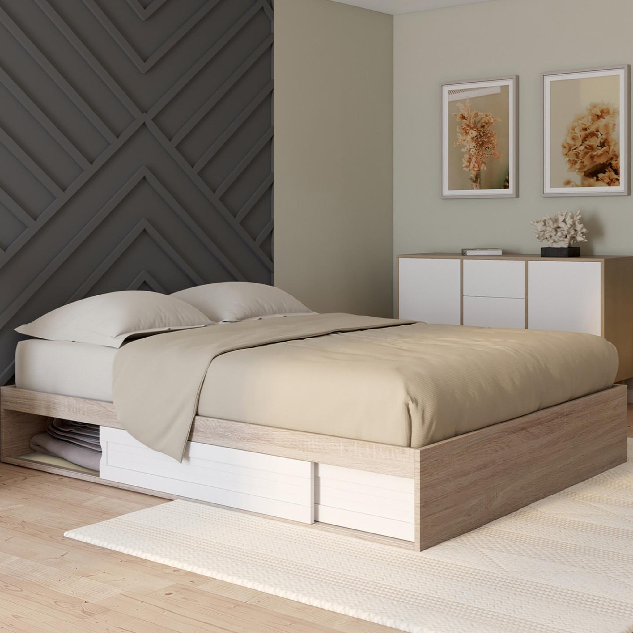 Voir la diapositive 2 : ID MARKET Cadre de lit double salem avec rangements et sommier 140 x 190 cm façon hêtre et blanc
