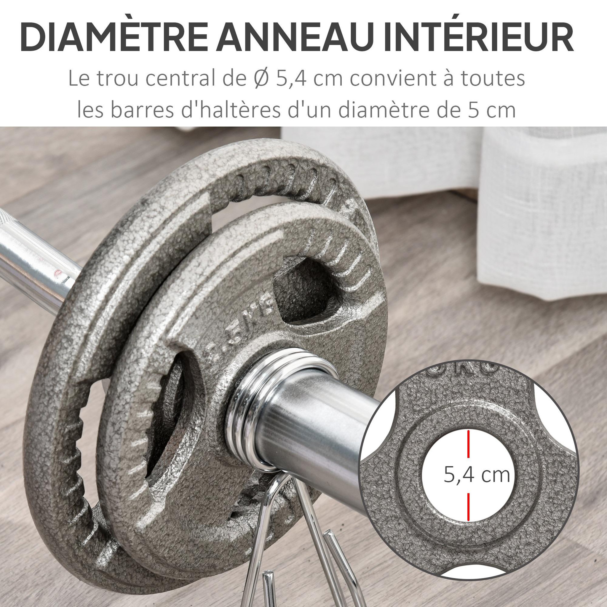 Voir la diapositive 4 : HOMCOM Disques de poids 2,5/2,5/5/5 kg - 4 poids de musculation - dia. Trou 5,4 cm - acier