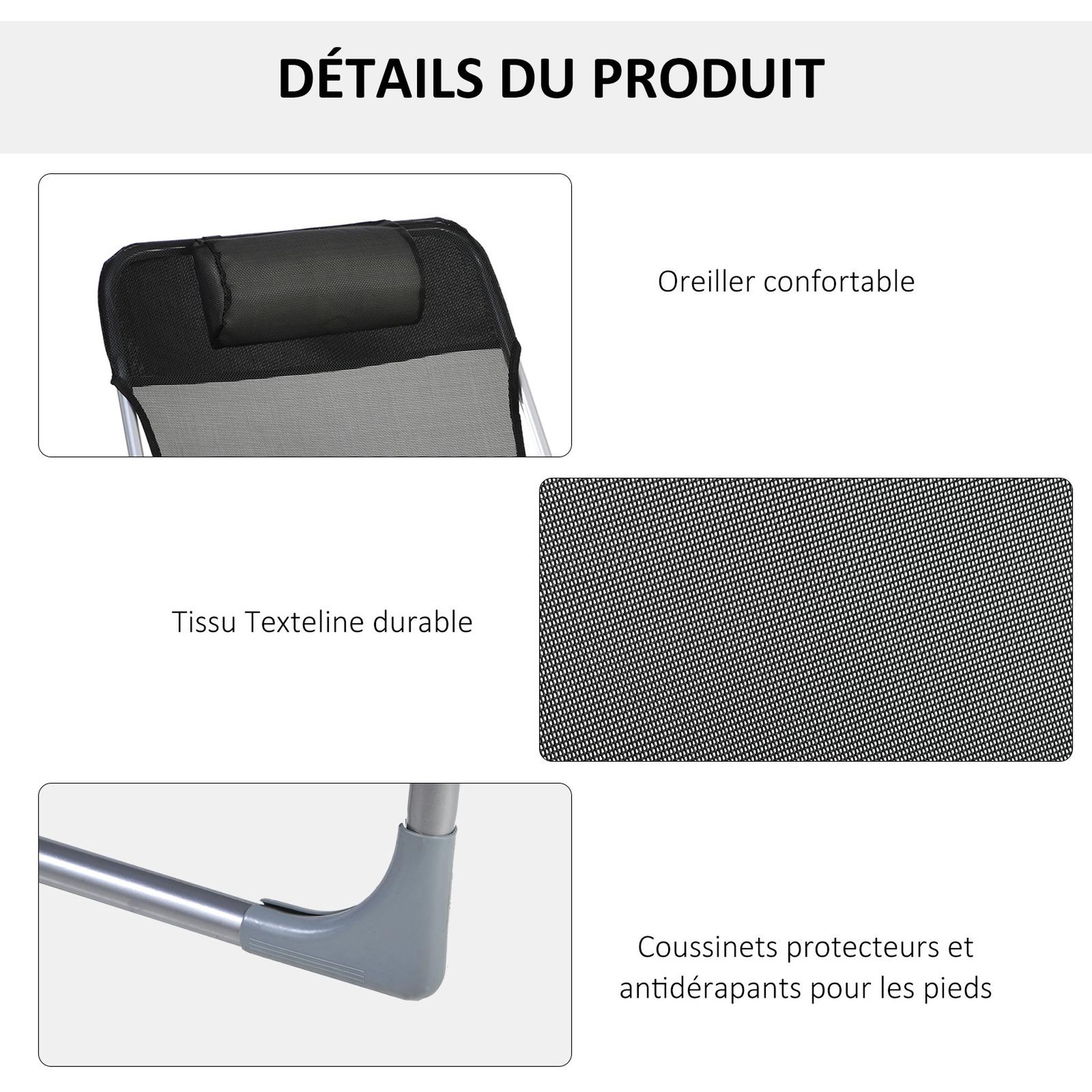 Voir la diapositive 6 : OUTSUNNY Bain de soleil transat pliable dossier réglable 5 positions acier teslin noir