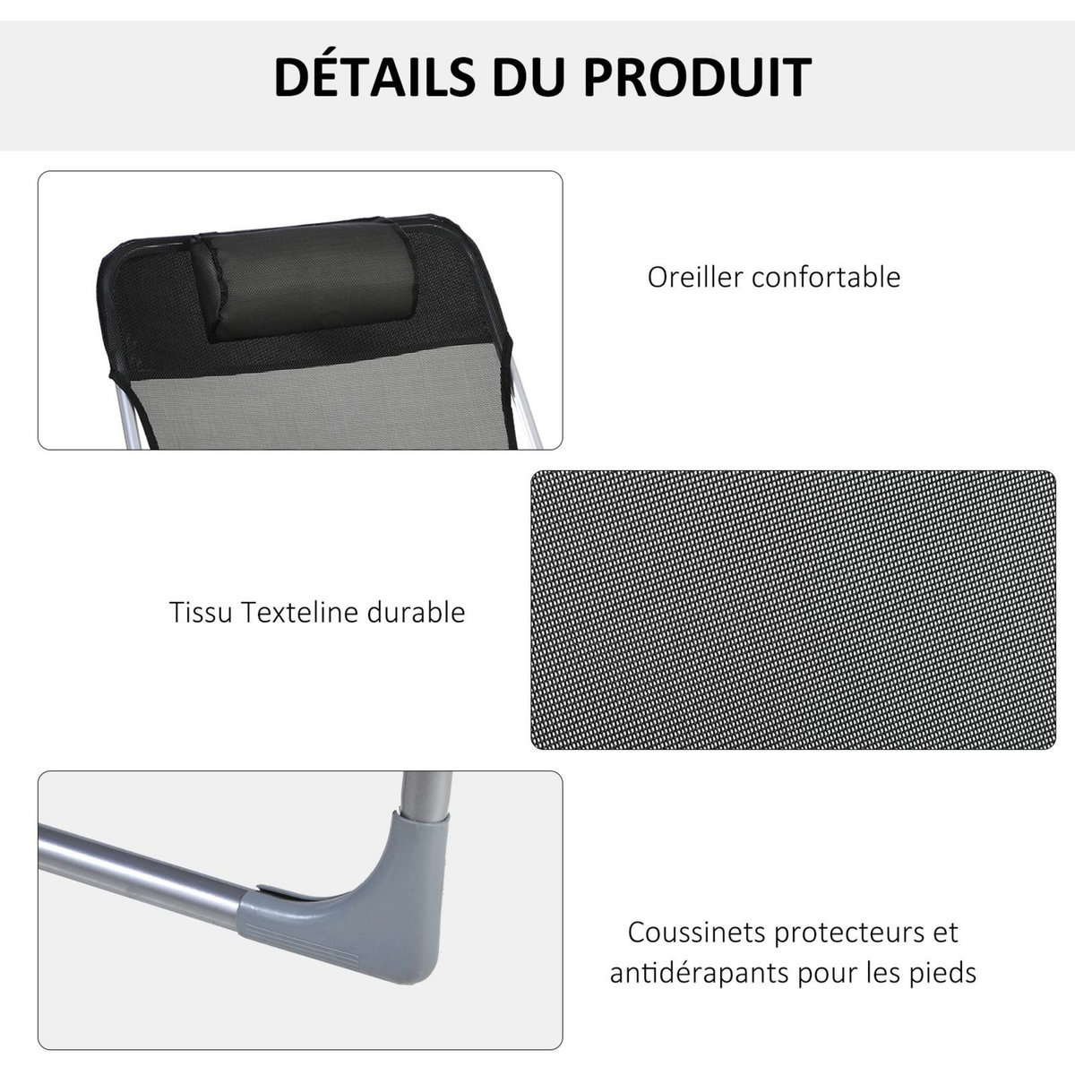 OUTSUNNY Bain de soleil transat pliable dossier réglable 5 positions acier teslin noir