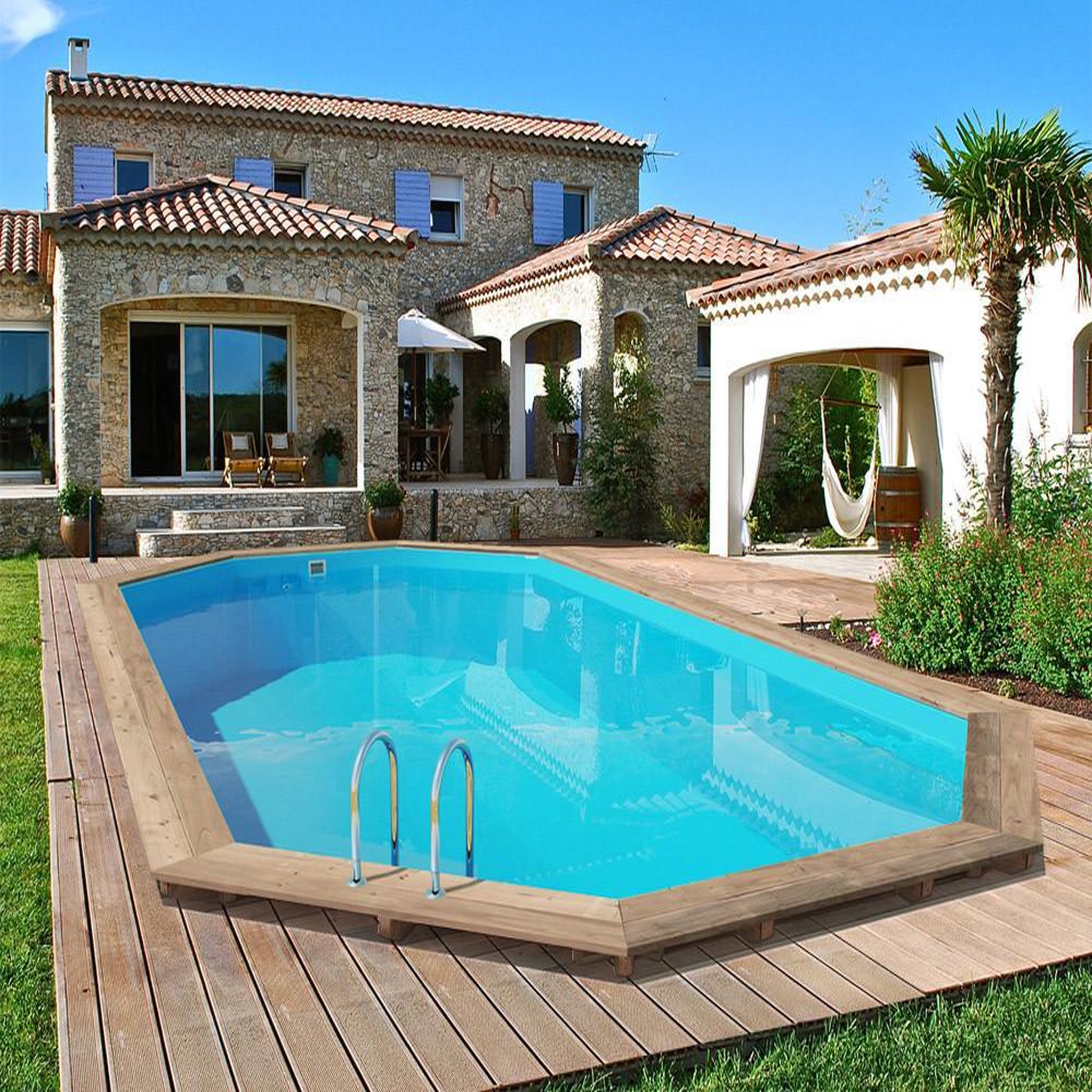 Voir la diapositive 2 : Habitat et Jardin Piscine bois   Palma 130   - 7.57 x 4.07 x 1.31 m +  Bâche à bulles 180 µ + Bâche hiver 280 gr/m²