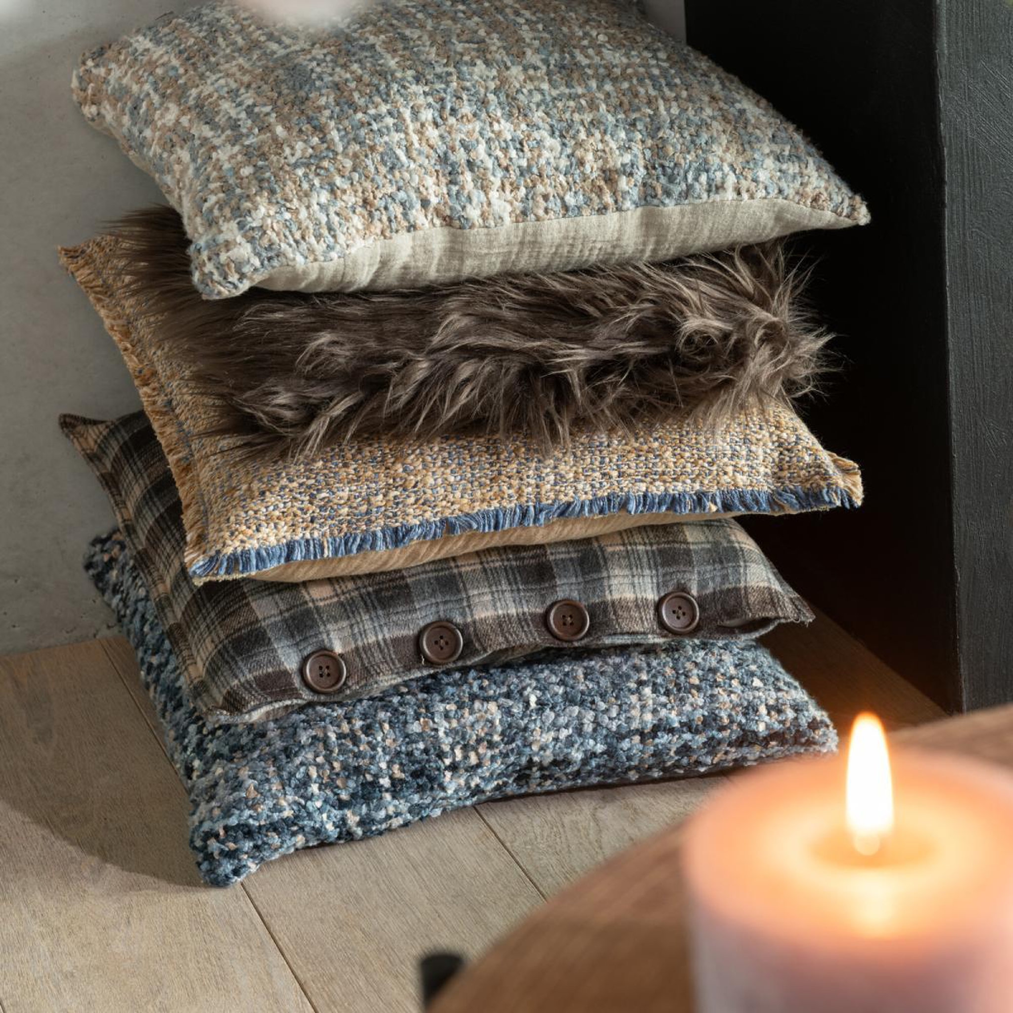 Voir la diapositive 4 : J-LINE Coussin en tweed  cosy  45x45cm bleu & blanc