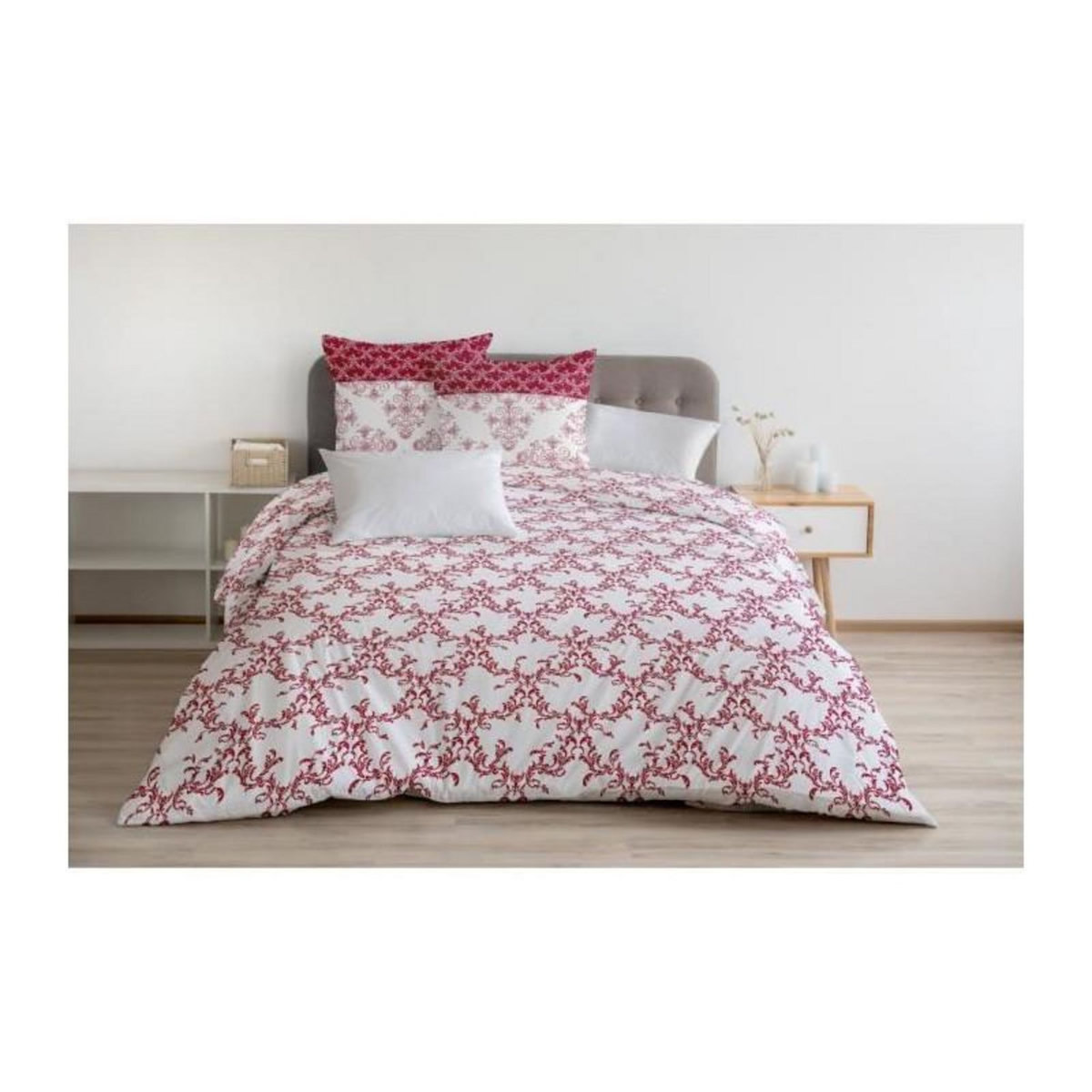 HOME LINGE PASSION Parure de couette 240x260 cm HOME LINGE PASSION FRISE : Housse de couette + 2 taies d'oreiller - 100% Coton 57 Fils - Bordeaux
