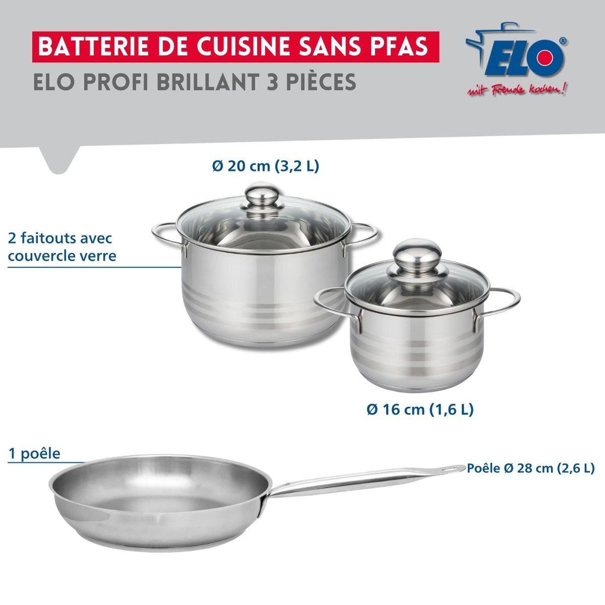 Voir la diapositive 2 : ELO Ensemble de 1 poêle de cuisson 28 cm et 2 faitouts 16 et 20 cm elo profi brillant