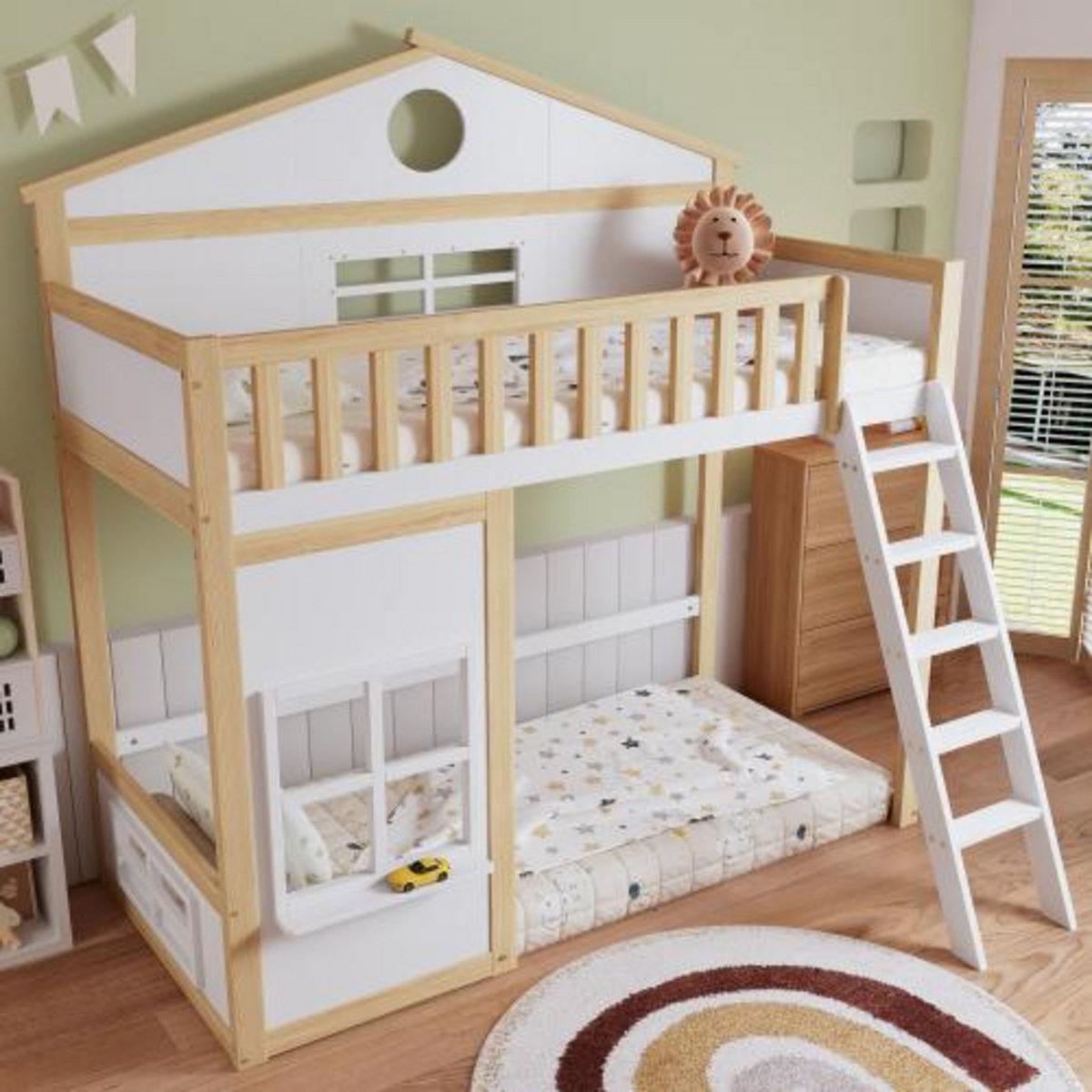 MERAX Lit combiné enfant 90x200cm coloris blanc+naturel bois massif