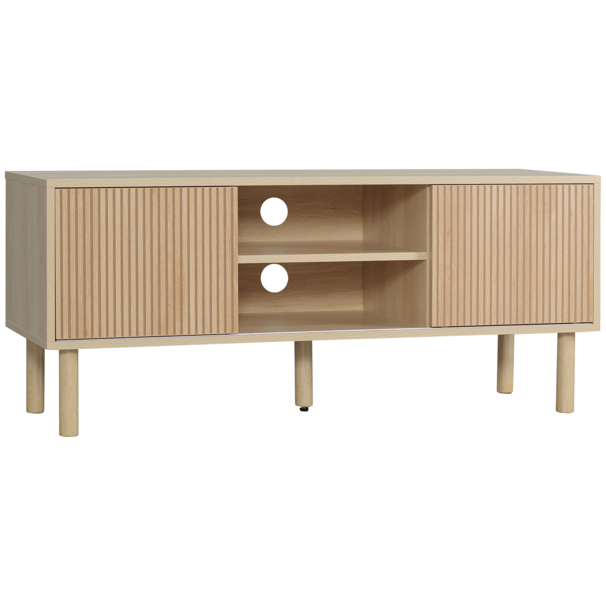 Voir la diapositive 1 : HOMCOM Meuble TV banc TV design Urban Craft - 2 portes coulissantes, 2 niches - piètement cylindrique - panneaux particules aspect bois clair