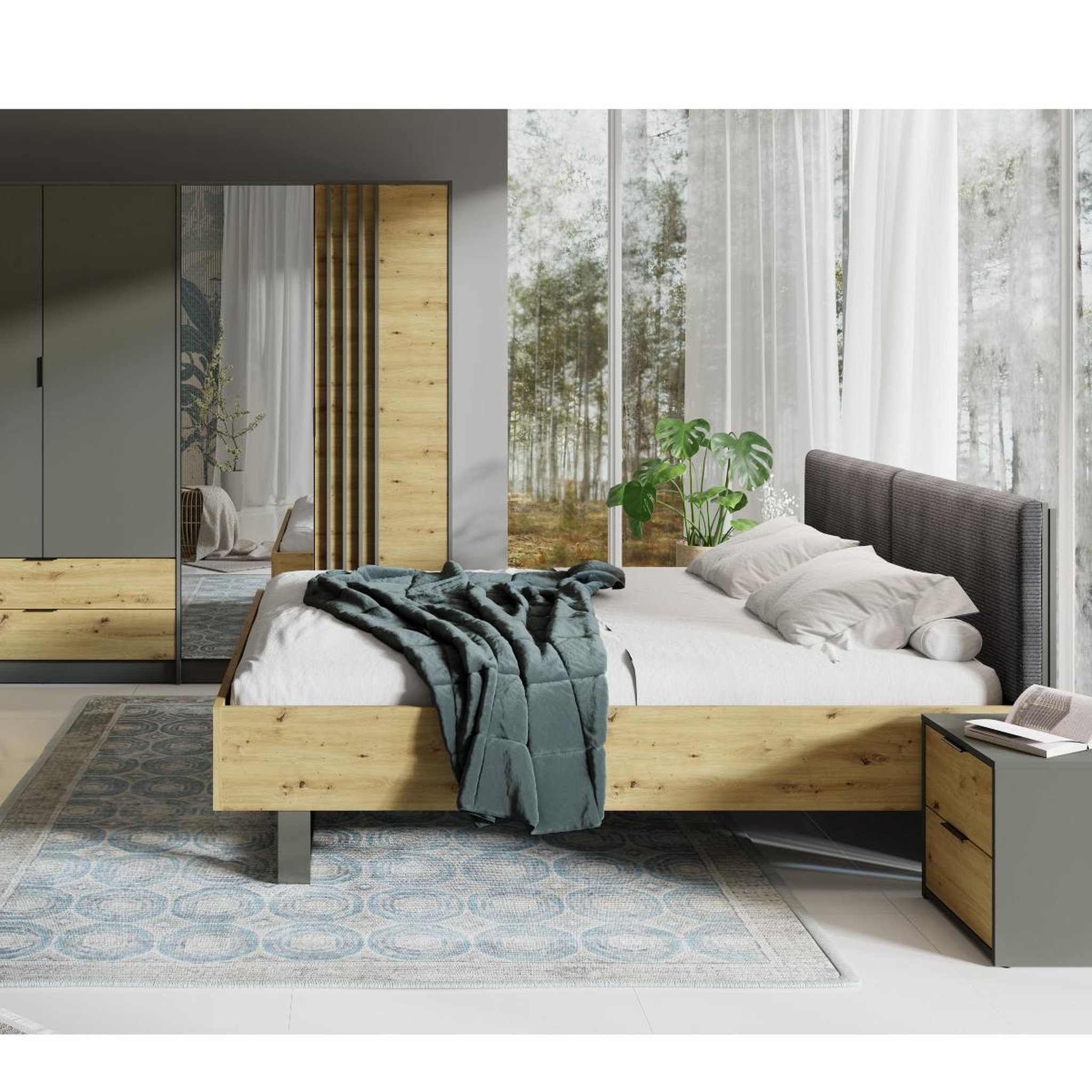 Voir la diapositive 6 : JLC KREATION Lit adulte moderne bois et tissu 160x200cm MURANO