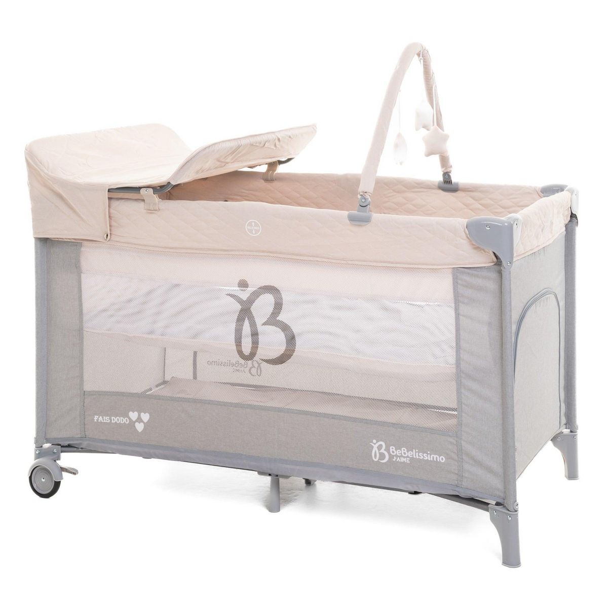 BEBELISSIMO BEBELISSIMO - Lit parapluie bébé - lit pliant - dès la naissance - Fais dodo  - table à langer et jouets - beige/gris