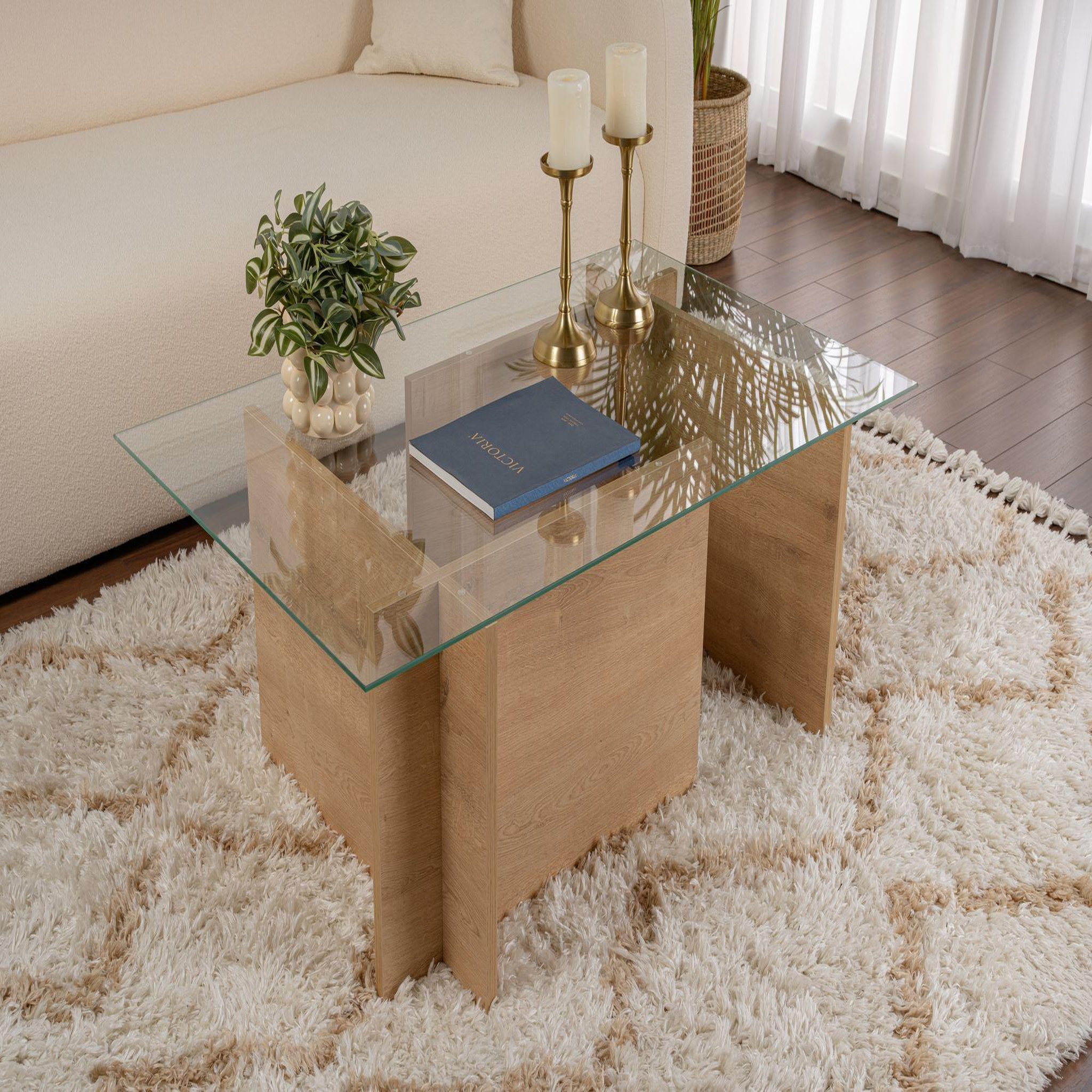 Voir la diapositive 2 : Habitat et Jardin Table basse en verre  vetrino  105 x 65 x 40 cm - chêne à miel